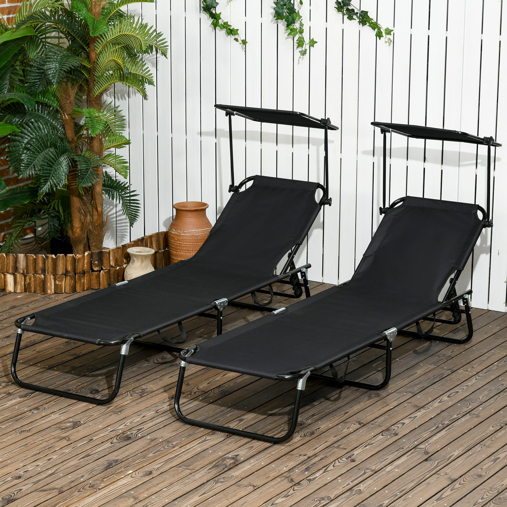 Folding Chaise Lounge Pool Chairs with Reclining Back and Steel Frame - Black