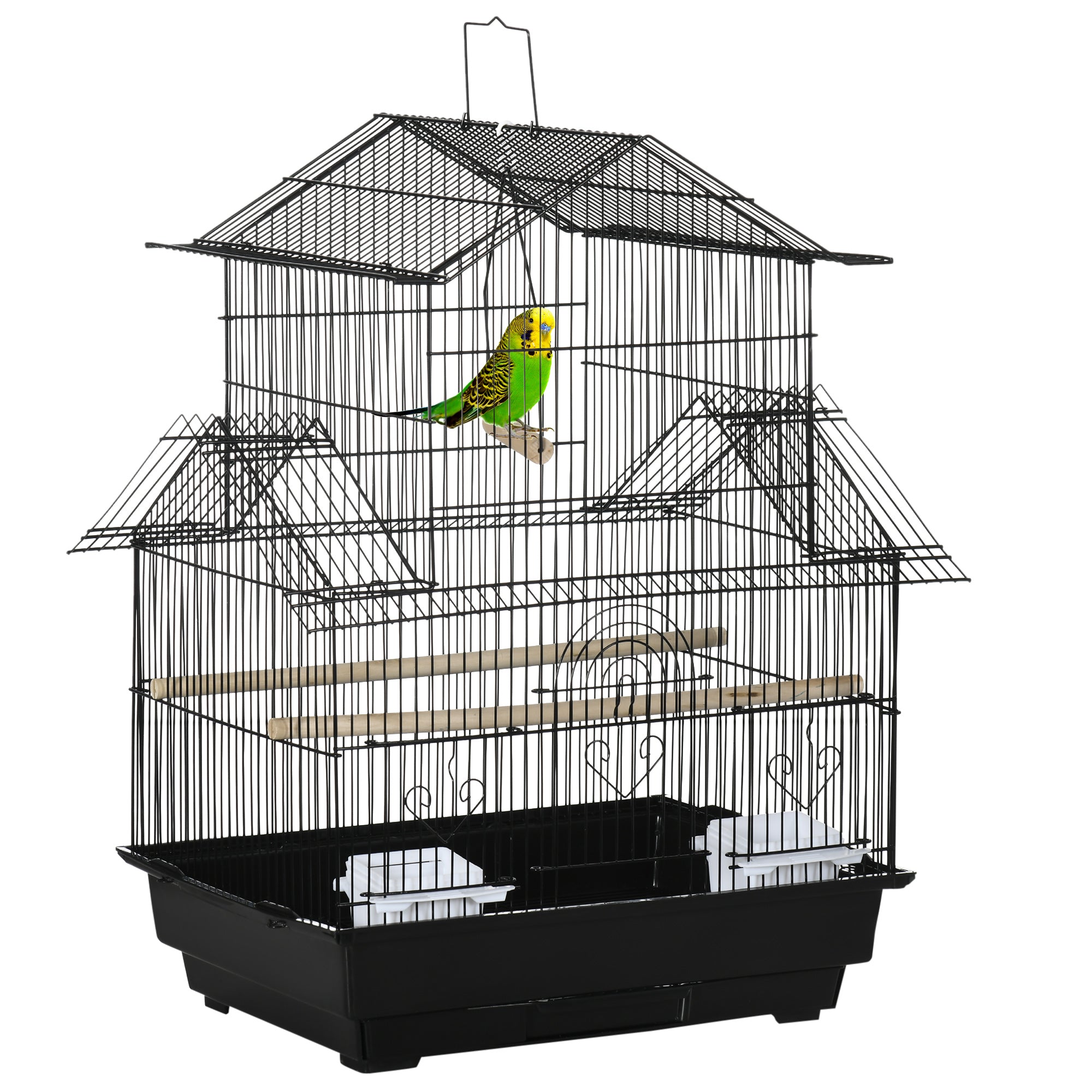Metal Bird Cage with Swing, Perch, Food Container & Tray for Finch Canary Budgie 50.5x40x63cm - Black