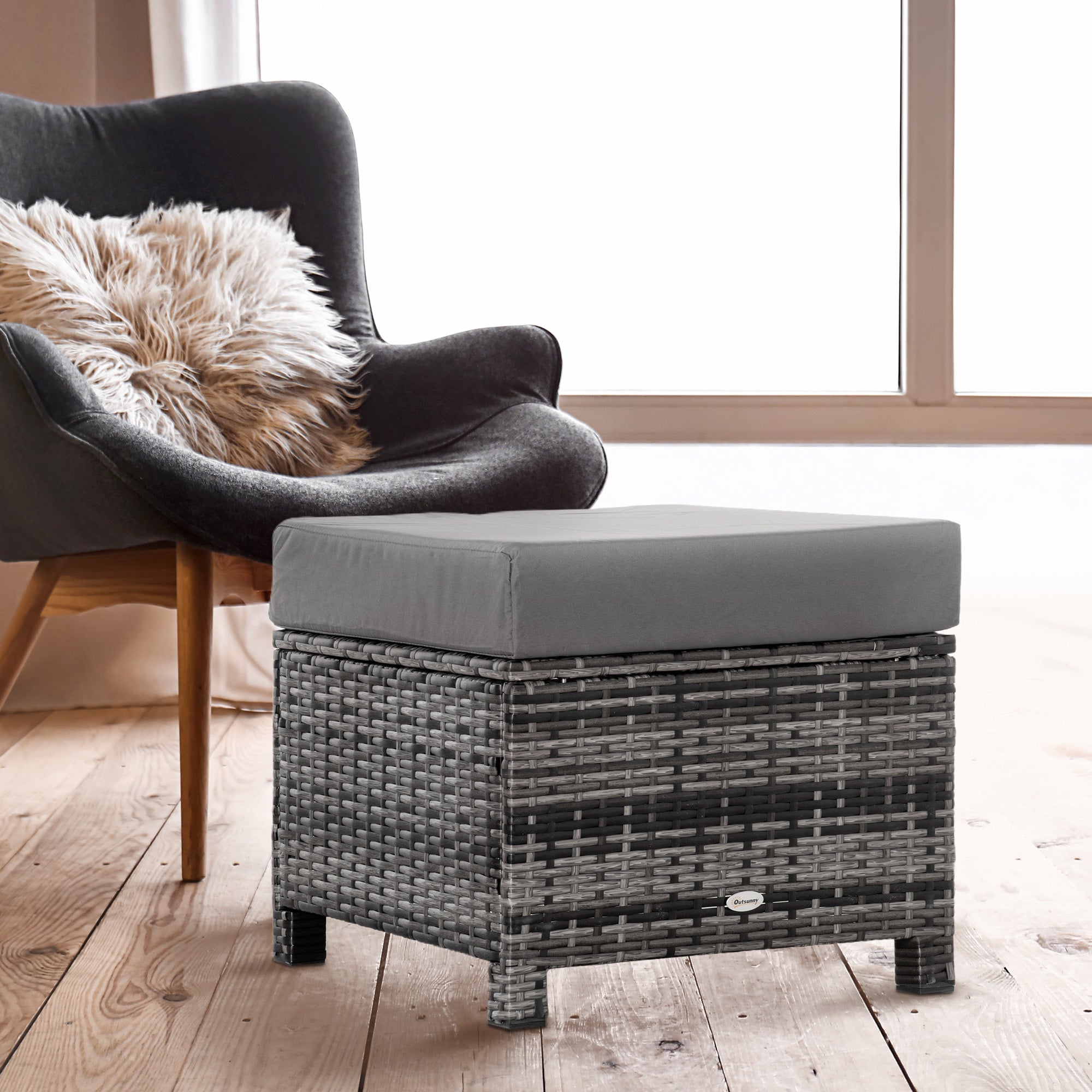 Rattan Footstool with Padded Cushion Outdoor Ottoman - Grey