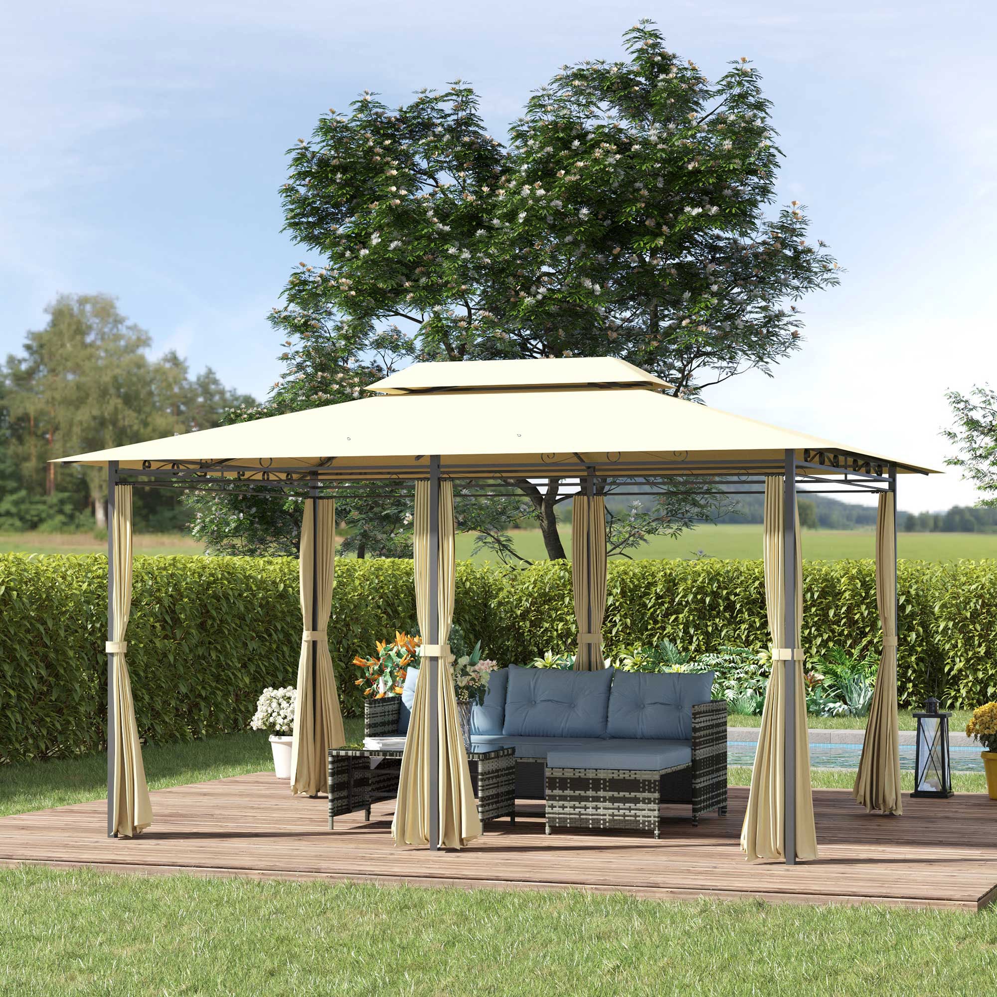 4 Metre x 3 Metre Metal Gazebo Set with Curtains - Beige