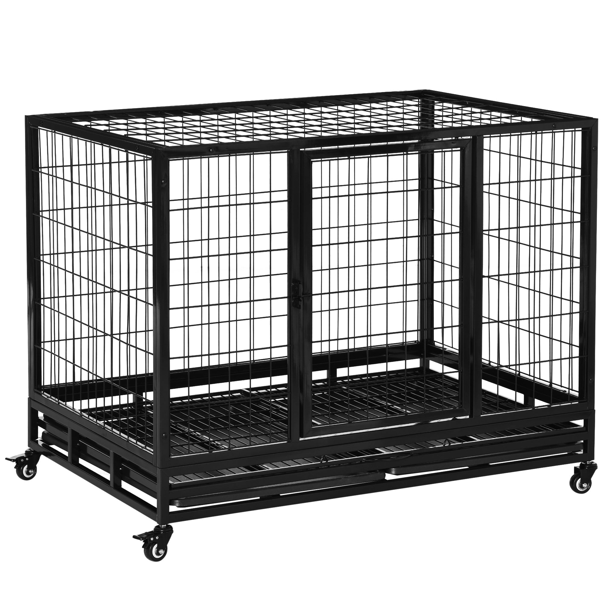 43" Heavy Duty Metal Dog Kennel with Tray and Wheels Large - Black
