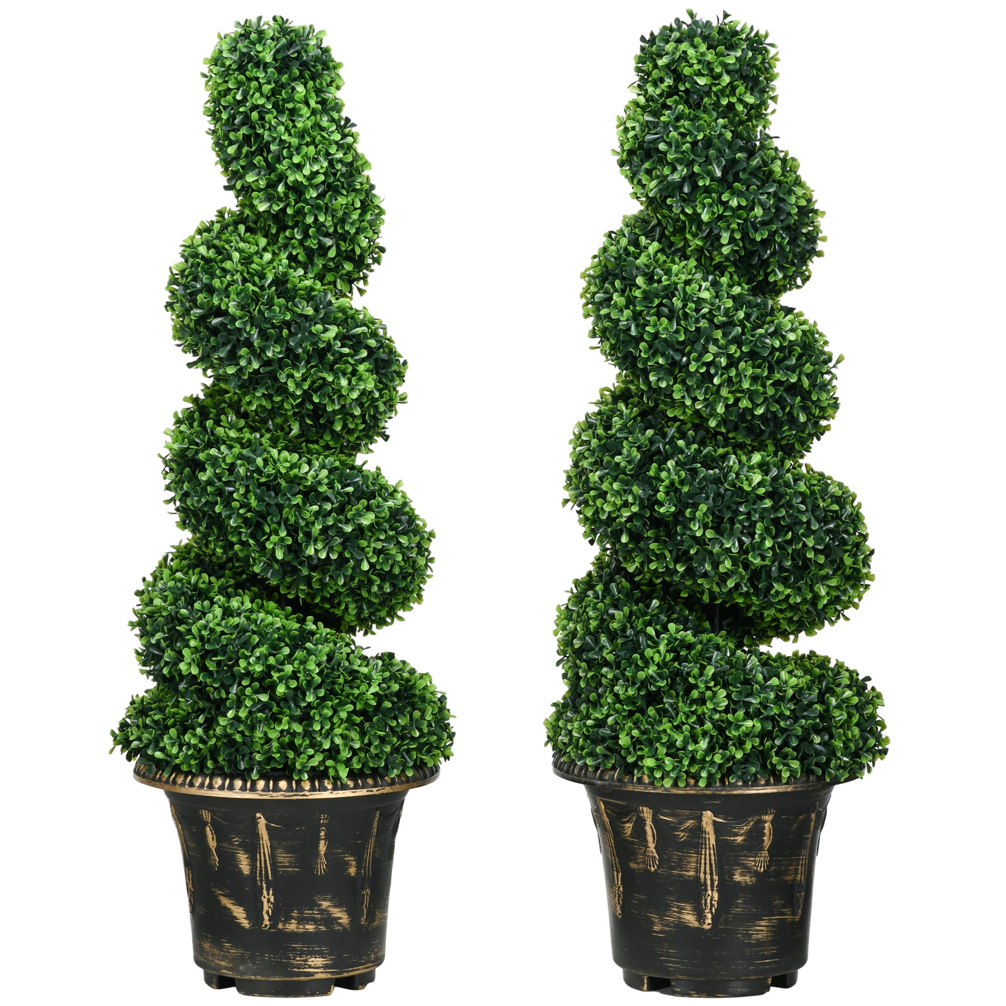 Set of 2 Artificial 90cm Spiral Boxwood Plants with Cement Pots - Green