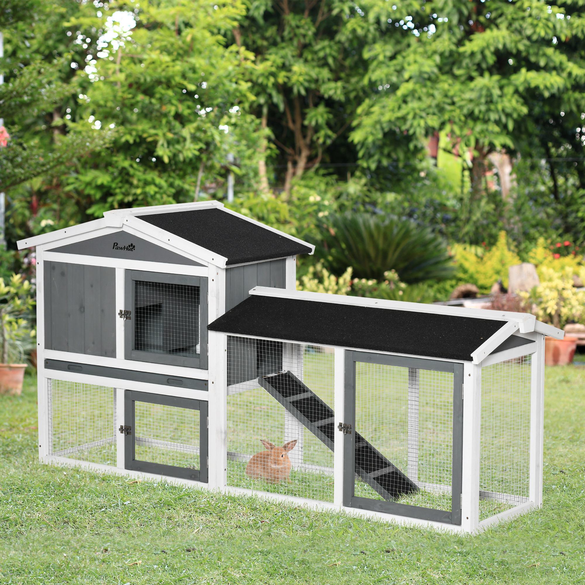 2 Tier Wooden Rabbit Hutch with Run Box and Slide-out Tray 175.8x52x85.5cm - White