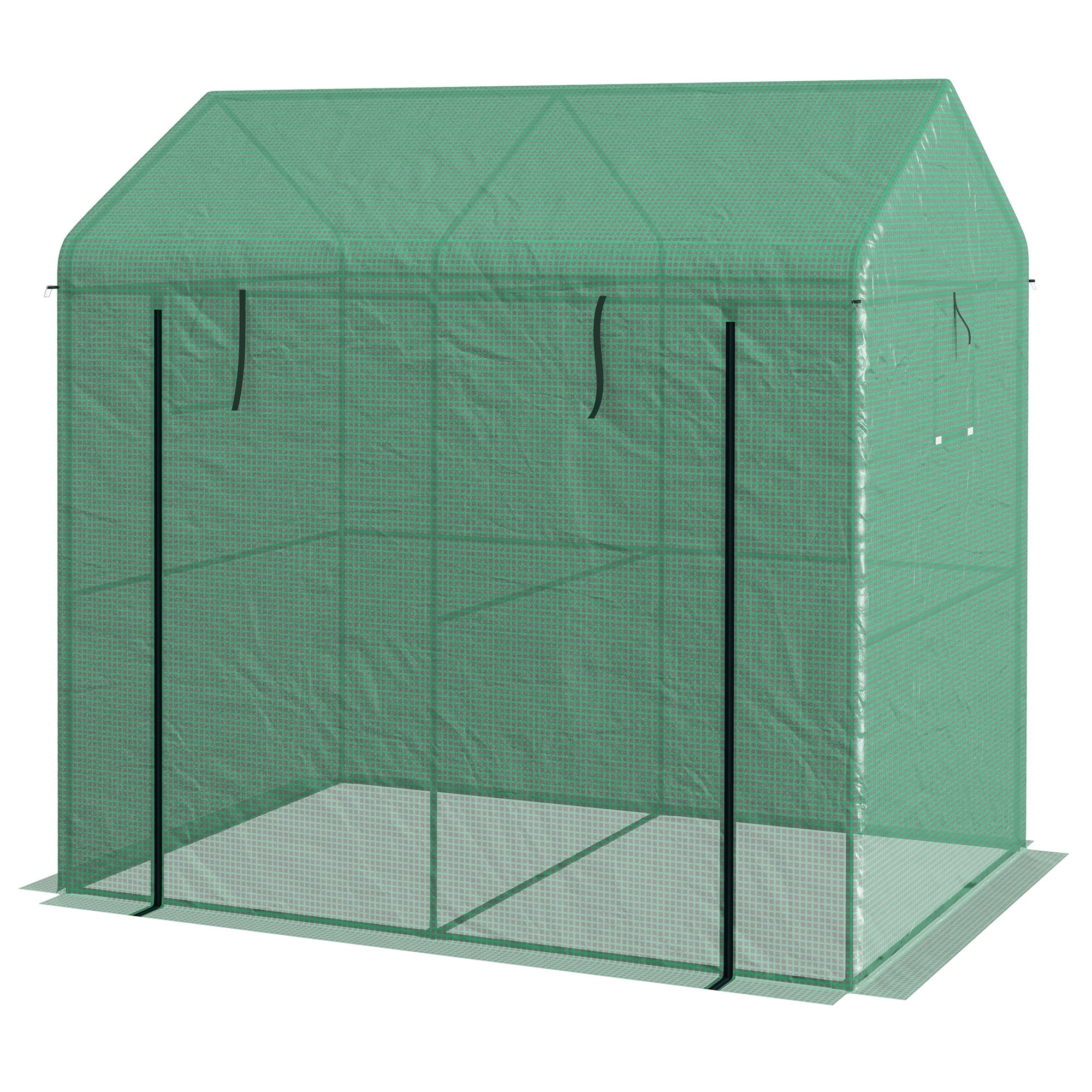 Walk-In Garden Greenhouse with Roll-Up Door and Mesh Windows - Green