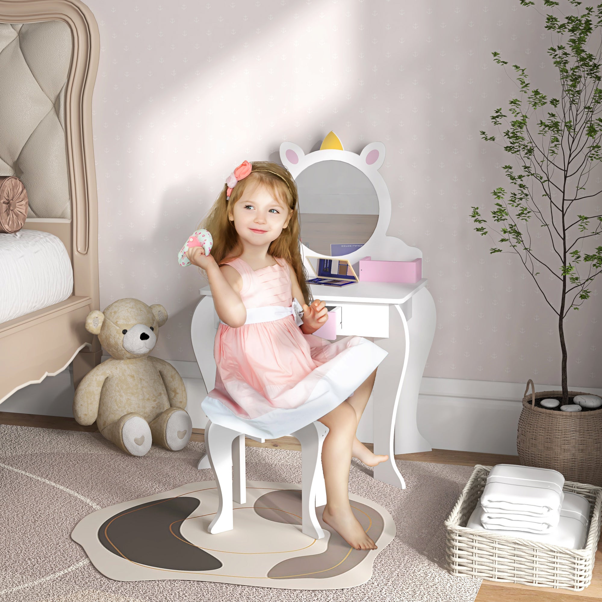 2 Piece Kids Dressing Table Set with Mirror and Stool - White Unicorn Design