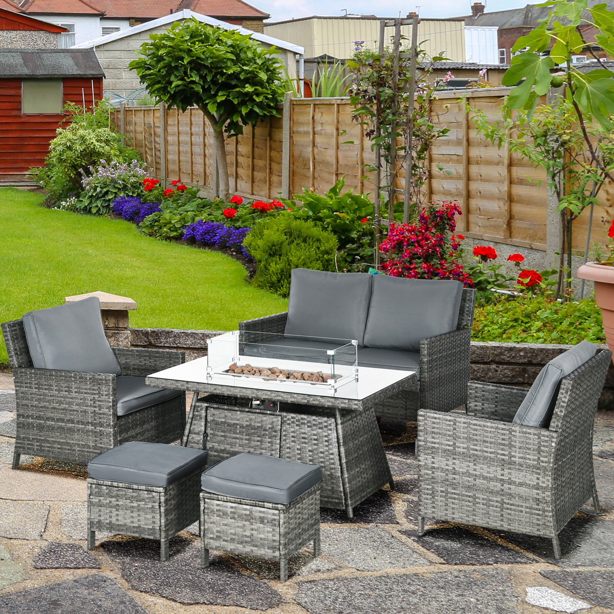6 Piece Rattan Garden Furniture Set with Gas Fire Pit Table Grey