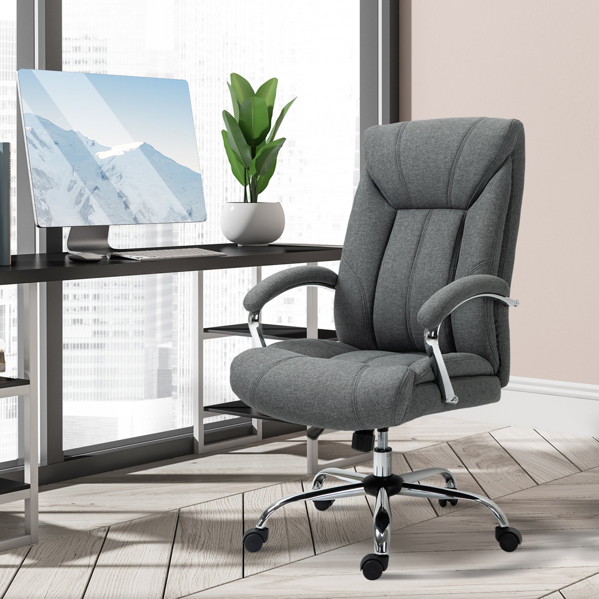 Swivel Desk Chair with Linen Fabric,Study Task Chair for Home Office, Adjustable Height, Armrests, Swivel Wheels, Grey