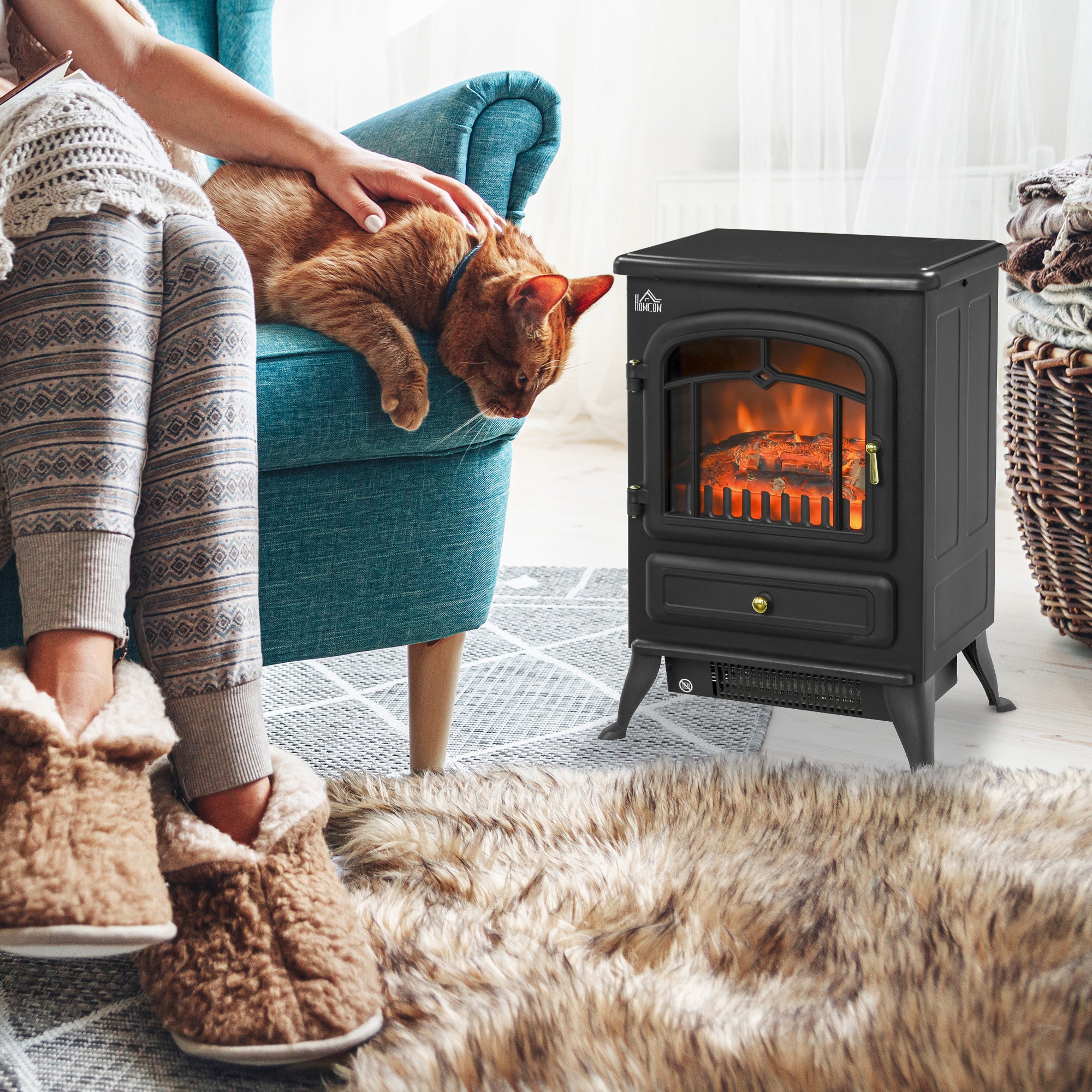 Electric Fireplace 1850W Heater with Realistic Flame Effect - Black