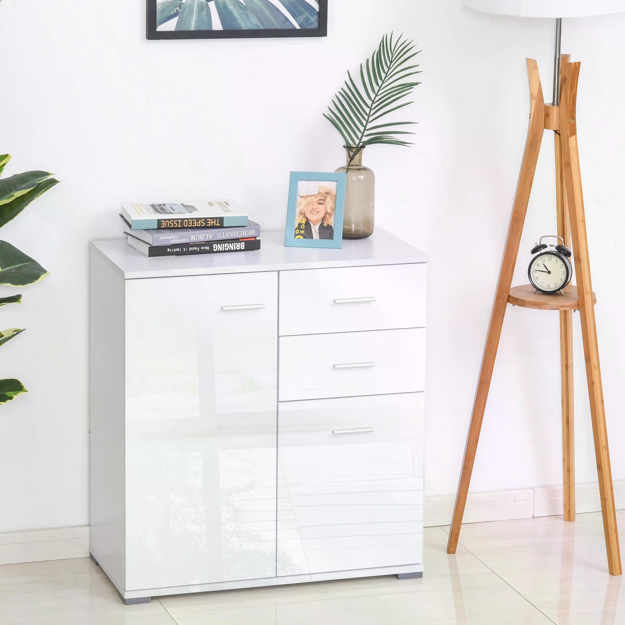 High Gloss Side Cabinet 71x35x76 cm with Drawers and Adjustable Shelf - White