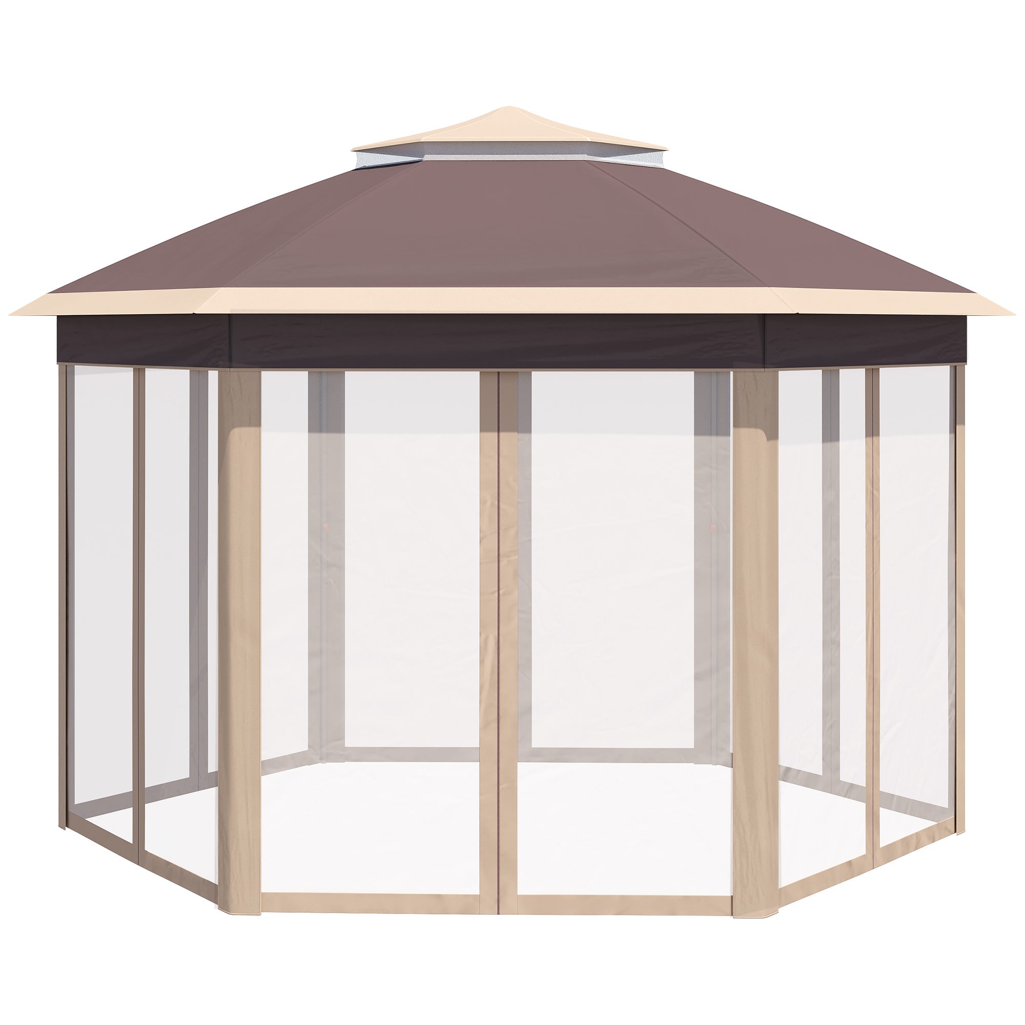 Hexagon 3x4m Pop Up Gazebo with Netting Outdoor Shelter - Khaki
