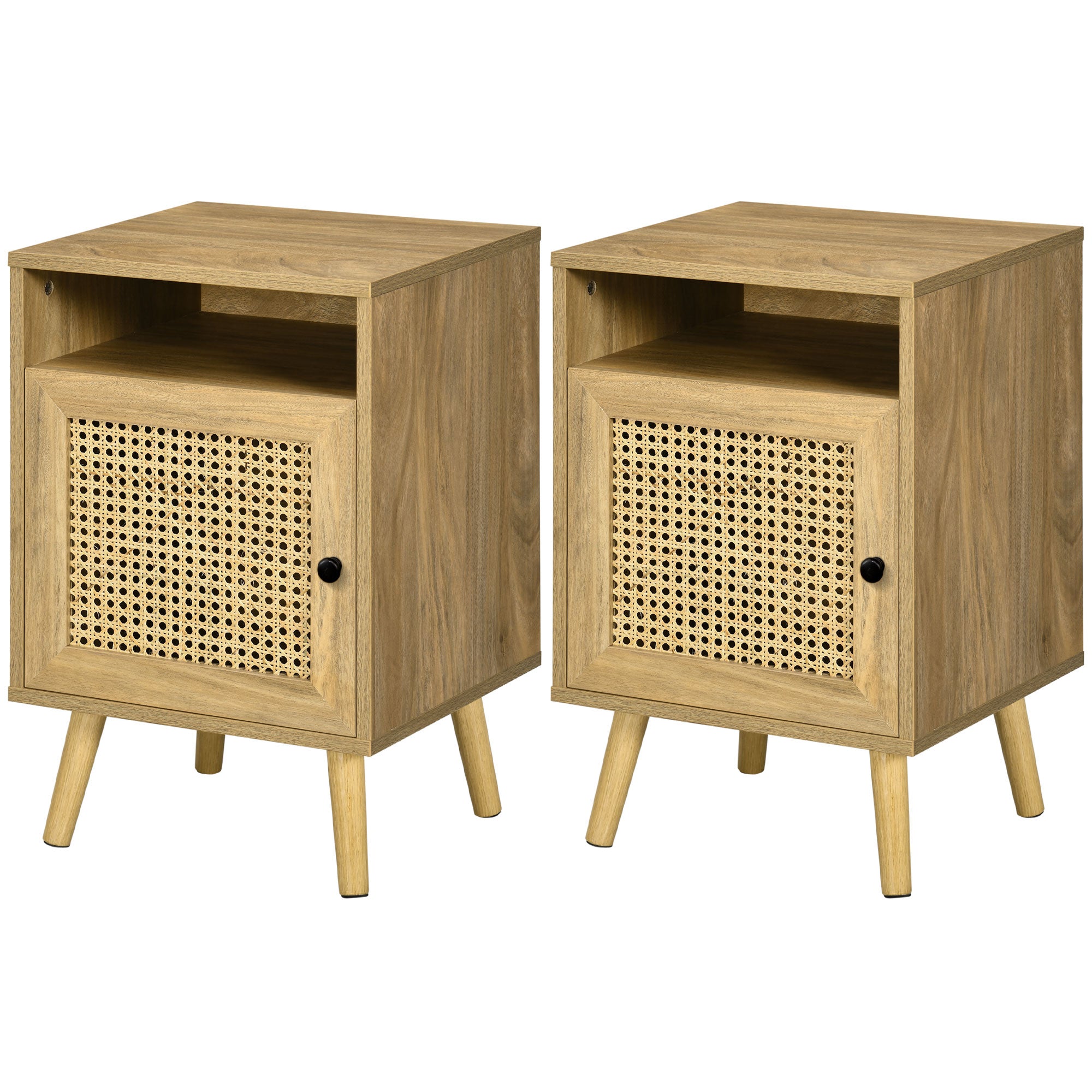 Set of 2 Rattan Bedside Tables with Cupboard and Shelf - Natural