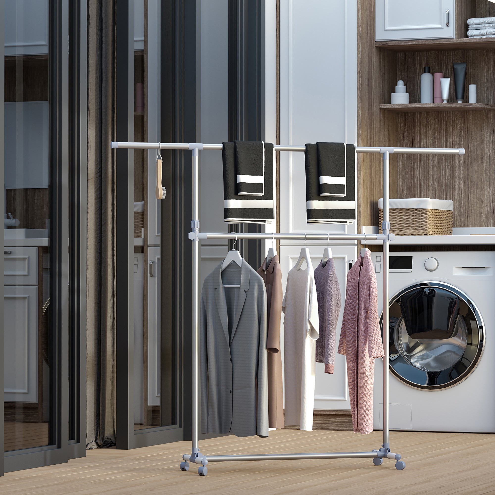 Adjustable Heavy Duty Clothes Hanger Garment Rail with Wheels - Silver & Grey