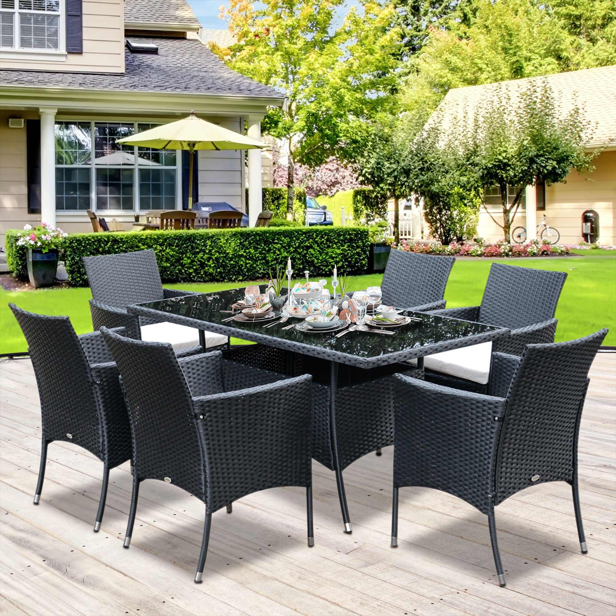 6-Seater Rattan Garden Dining Set with Rectangular Table & Cube Chairs - Black