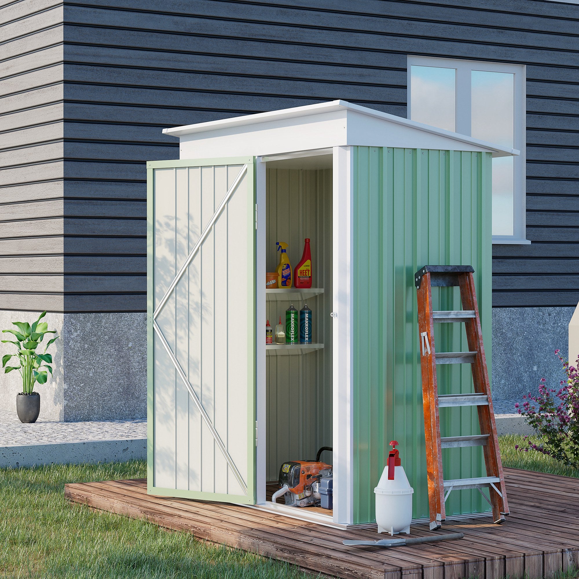 5x3x6 Metal Garden Lean-To Shed with Adjustable Shelves - Green