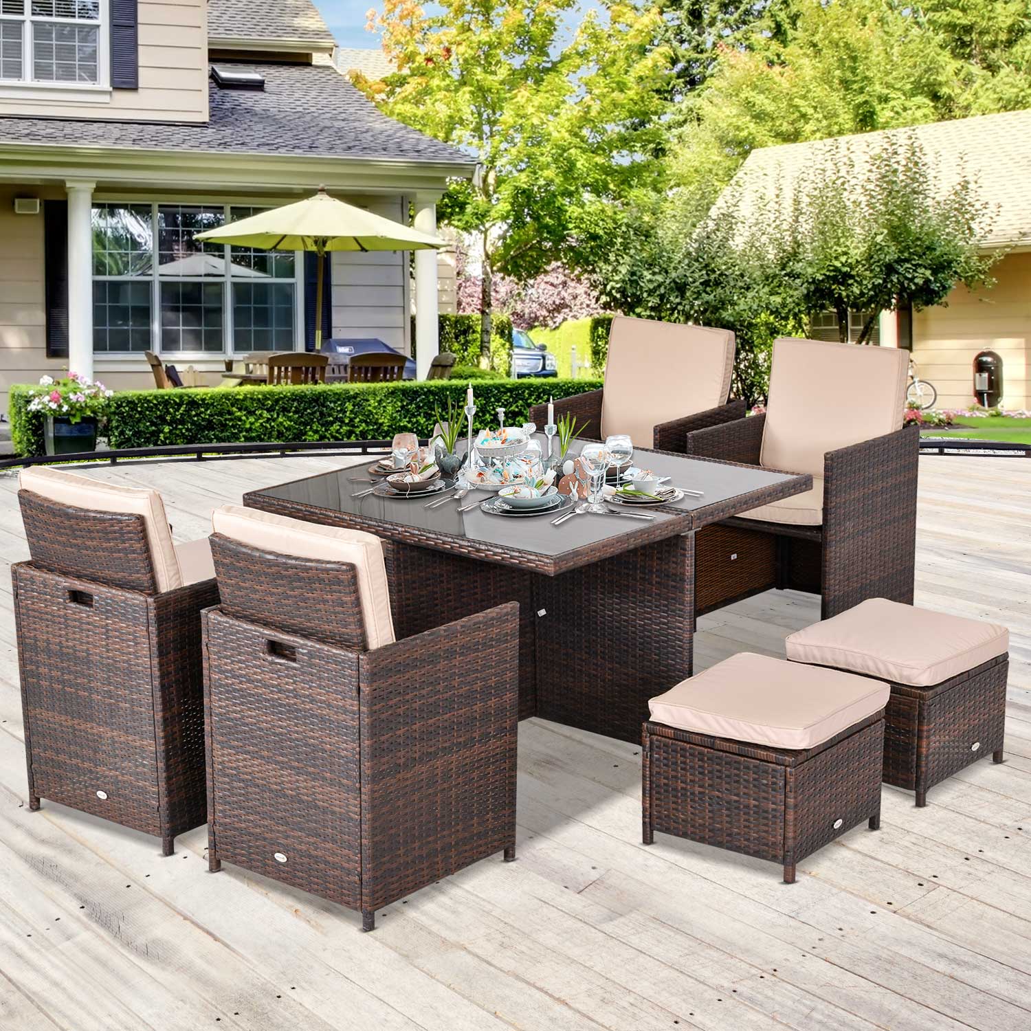 9 Piece Rattan Garden Furniture Set 8-Seater Outdoor Dining Brown