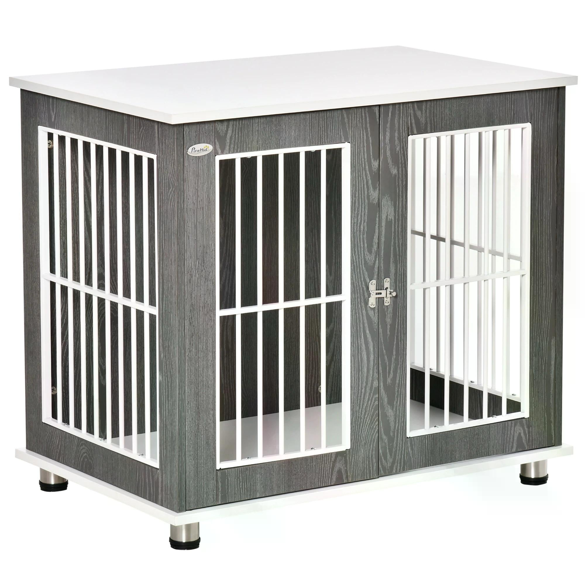 Dog Crate, Wooden Pet Kennel Cage with Lockable Door and Adjustable Foot Pads, Modern Design, Grey and White
