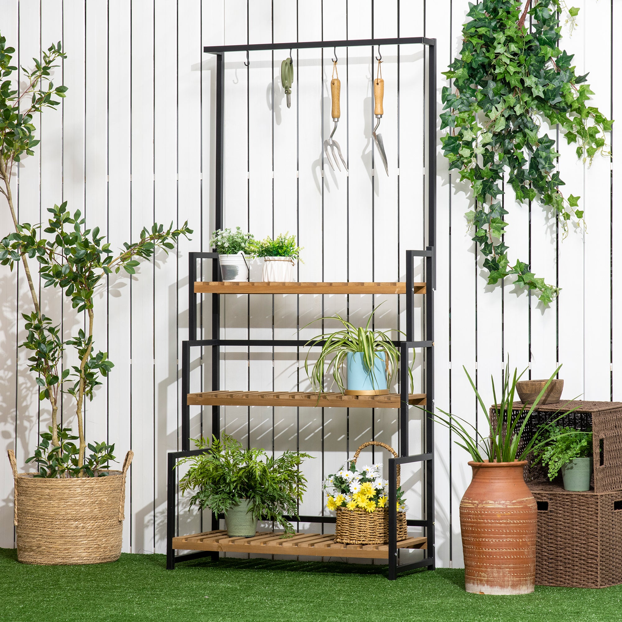 3 Tier Plant Stand with Hanging Hooks and Wooden Shelves - Black Steel Frame