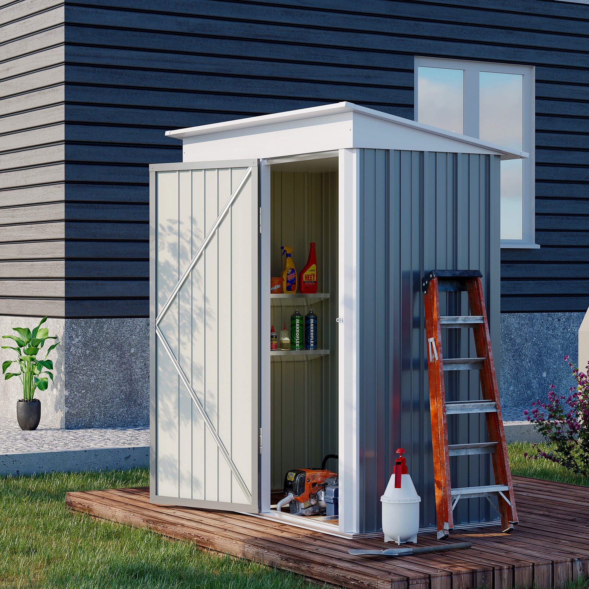5x3 Metal Garden Lean-To Shed with Adjustable Shelves and Lock - Grey