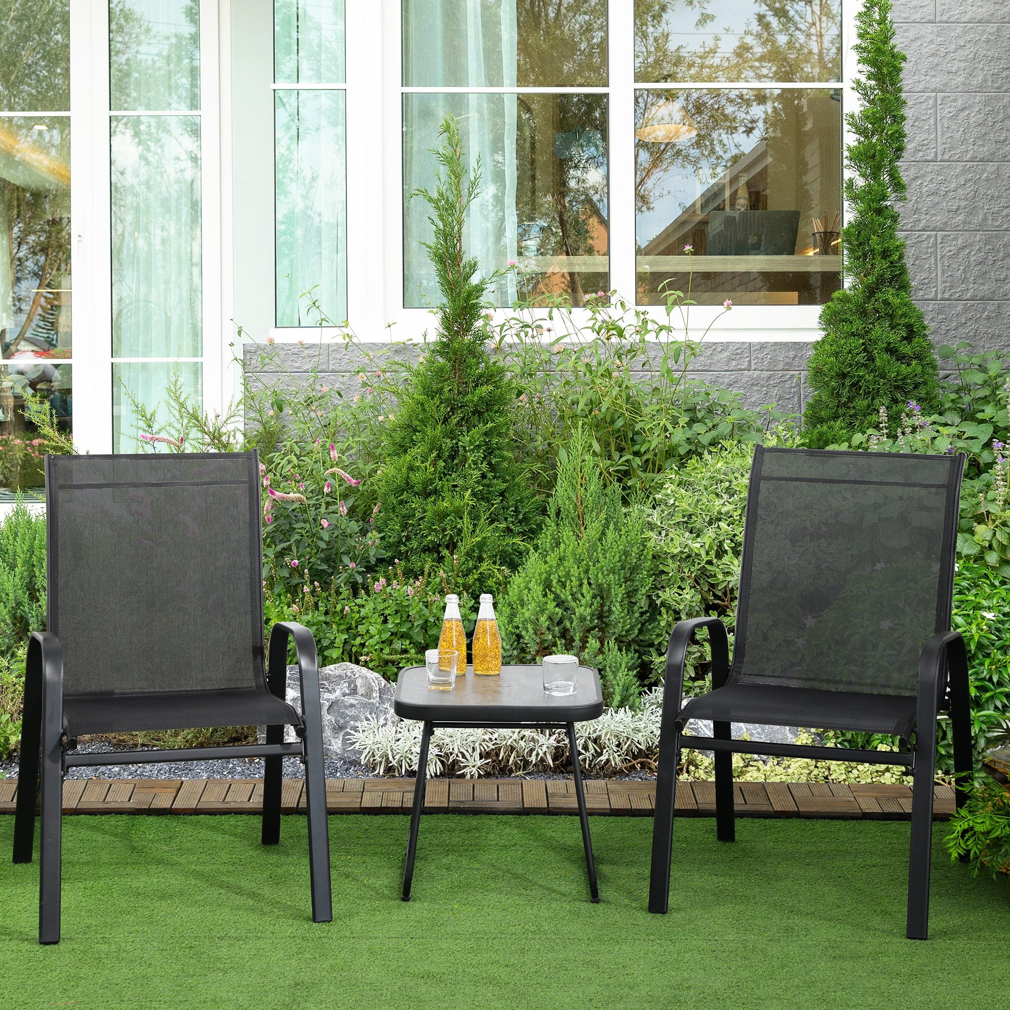 3 Piece Outdoor Bistro Set with Stackable Steel Armchairs - Black