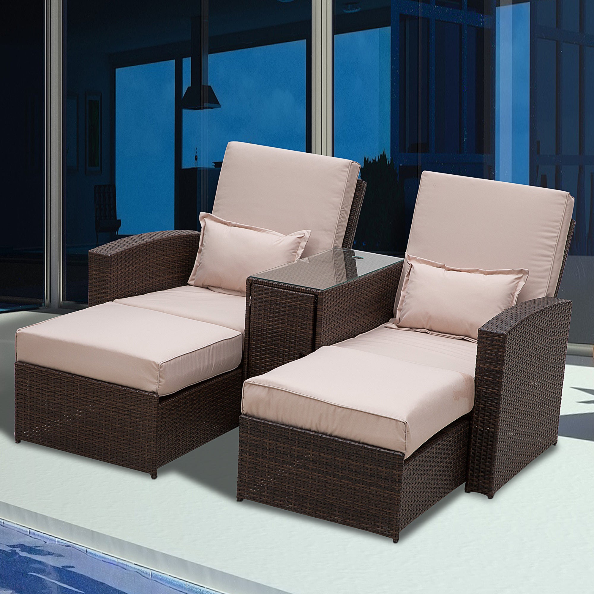 3 Piece Outdoor Rattan Sofa Set With Cushions - Brown