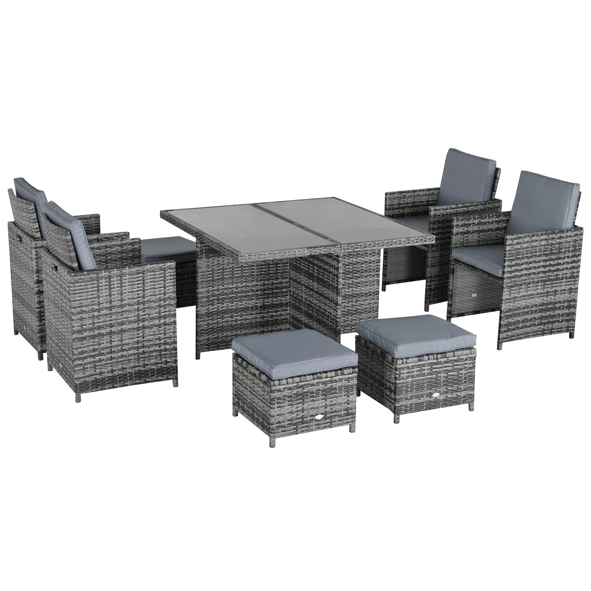 9 Piece Rattan Dining Set with Cushions and Glass Table - Grey