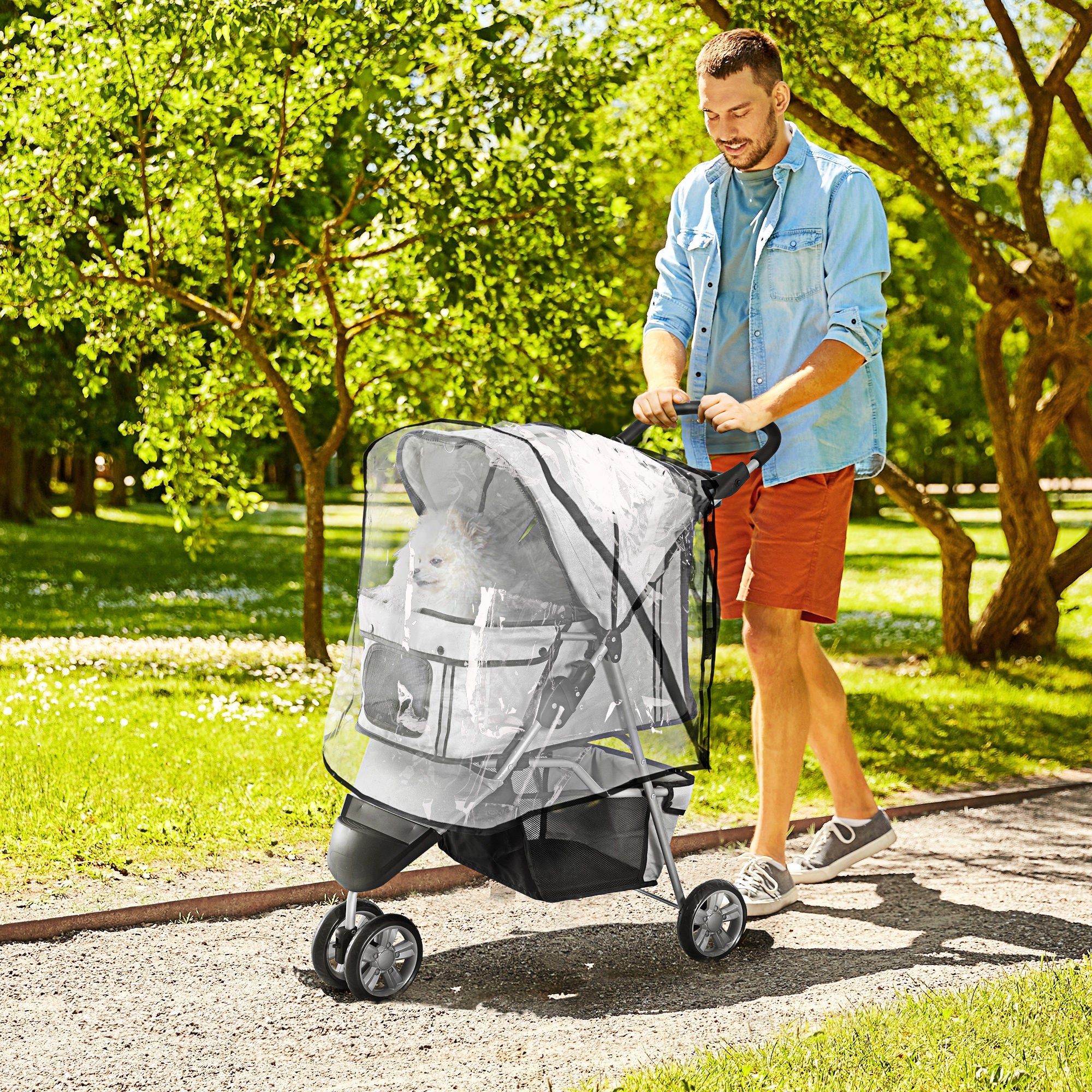 Folding Dog Stroller with Cover, Cup Holder, Storage Basket & Reflective Strips for Small Miniature Dogs - Grey