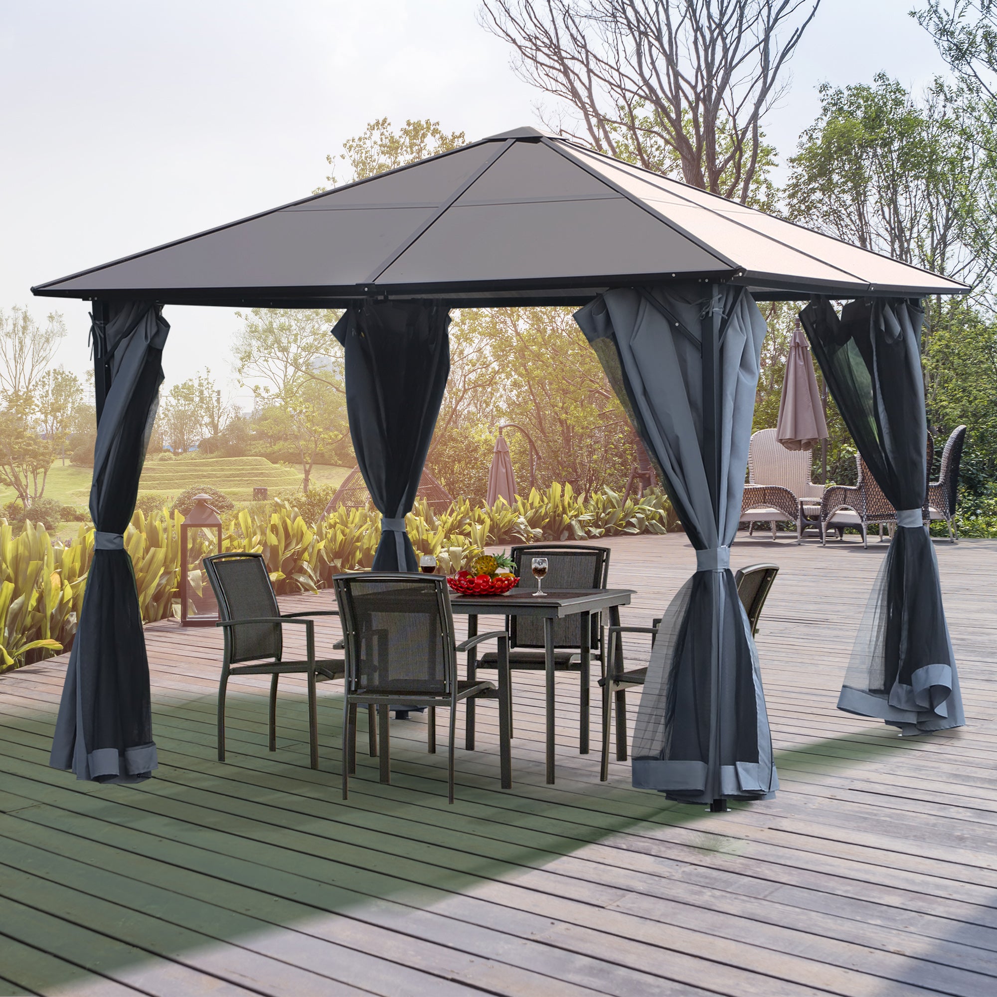 3x3 Metre Aluminium Gazebo Set with Hardtop Roof and Mesh Curtains - Grey