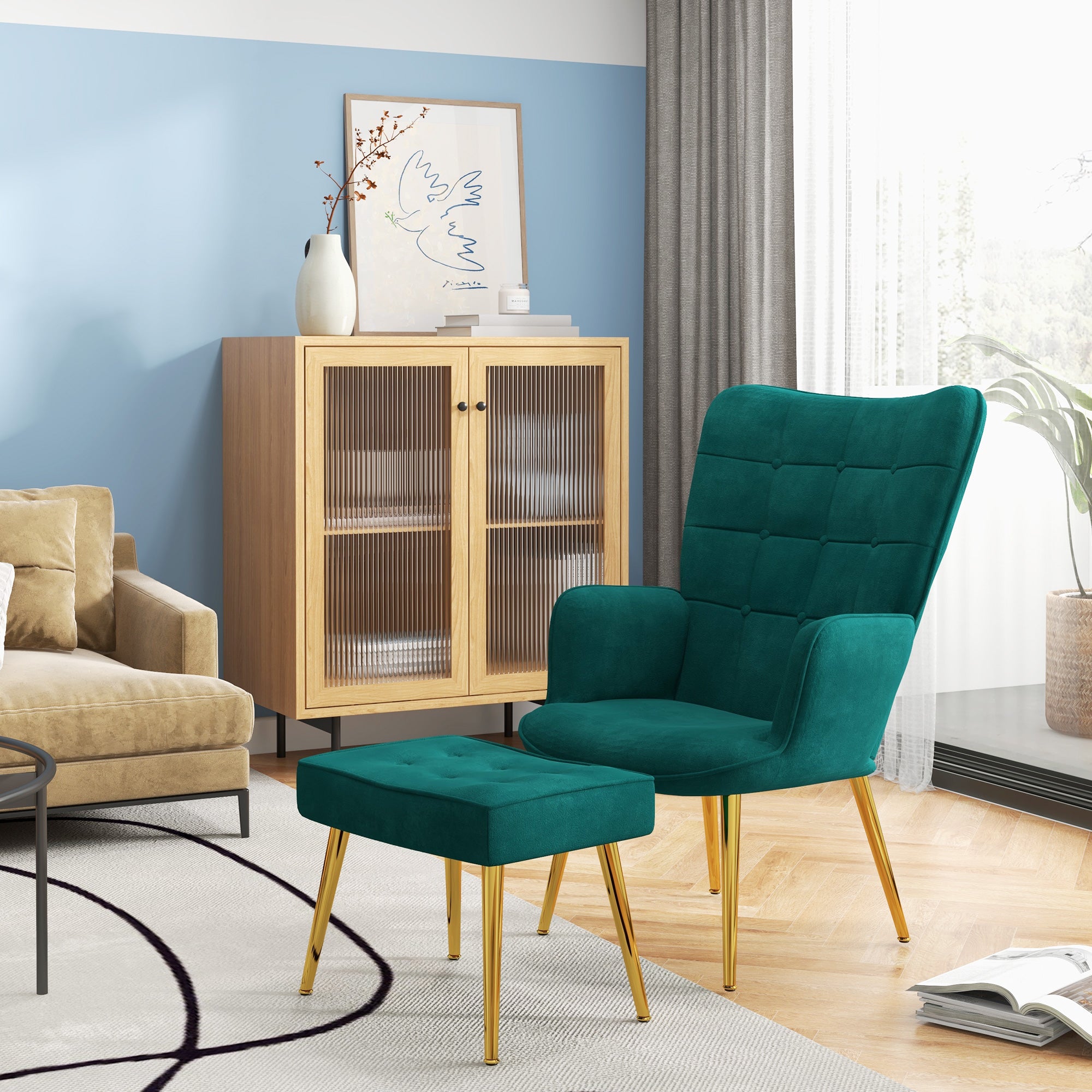 Modern Upholstered Armchair and Footstool Set for Ultimate Comfort - Dark Green