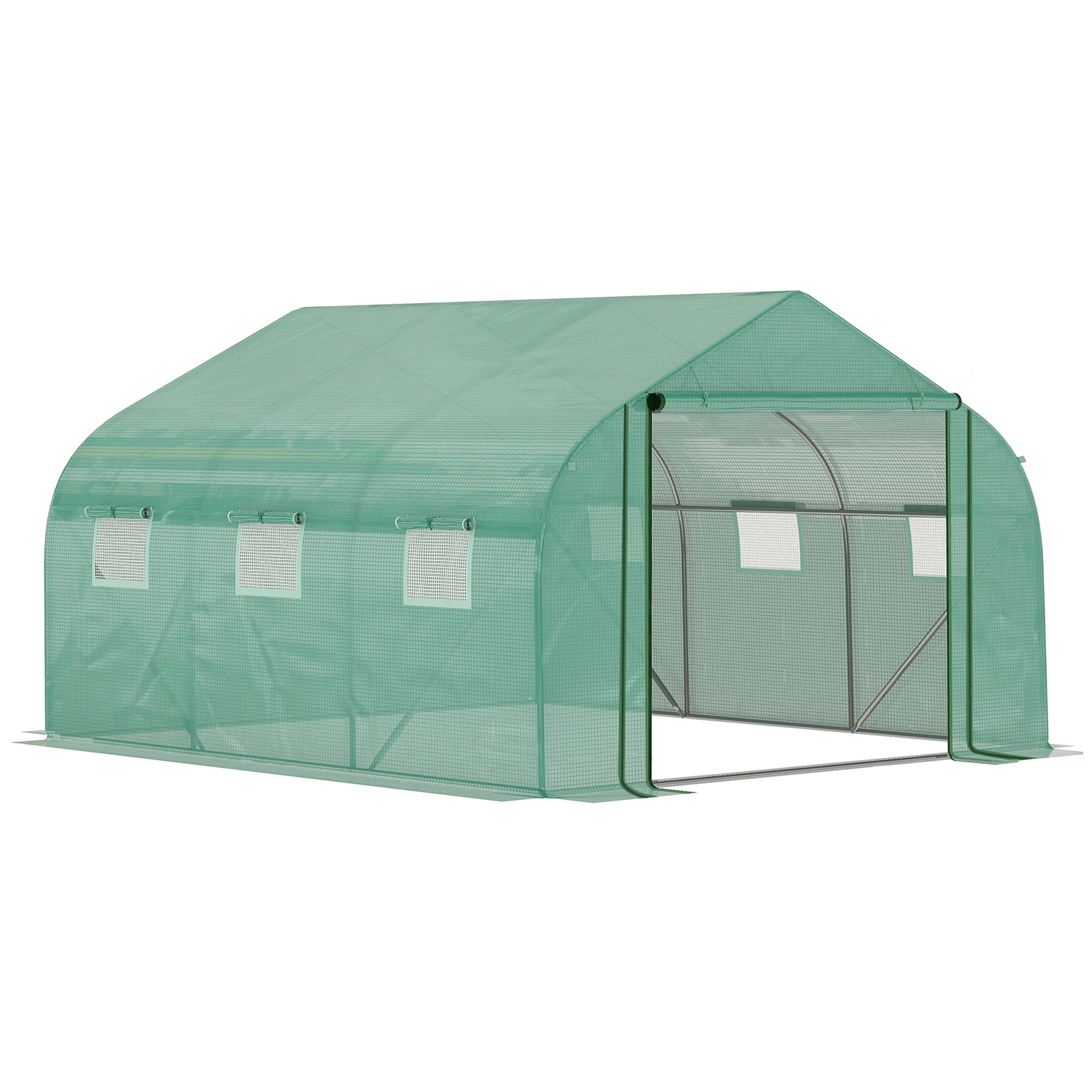 Walk-In Polytunnel Garden Greenhouse with PE Cover and Roll-Up Mesh Windows - Green