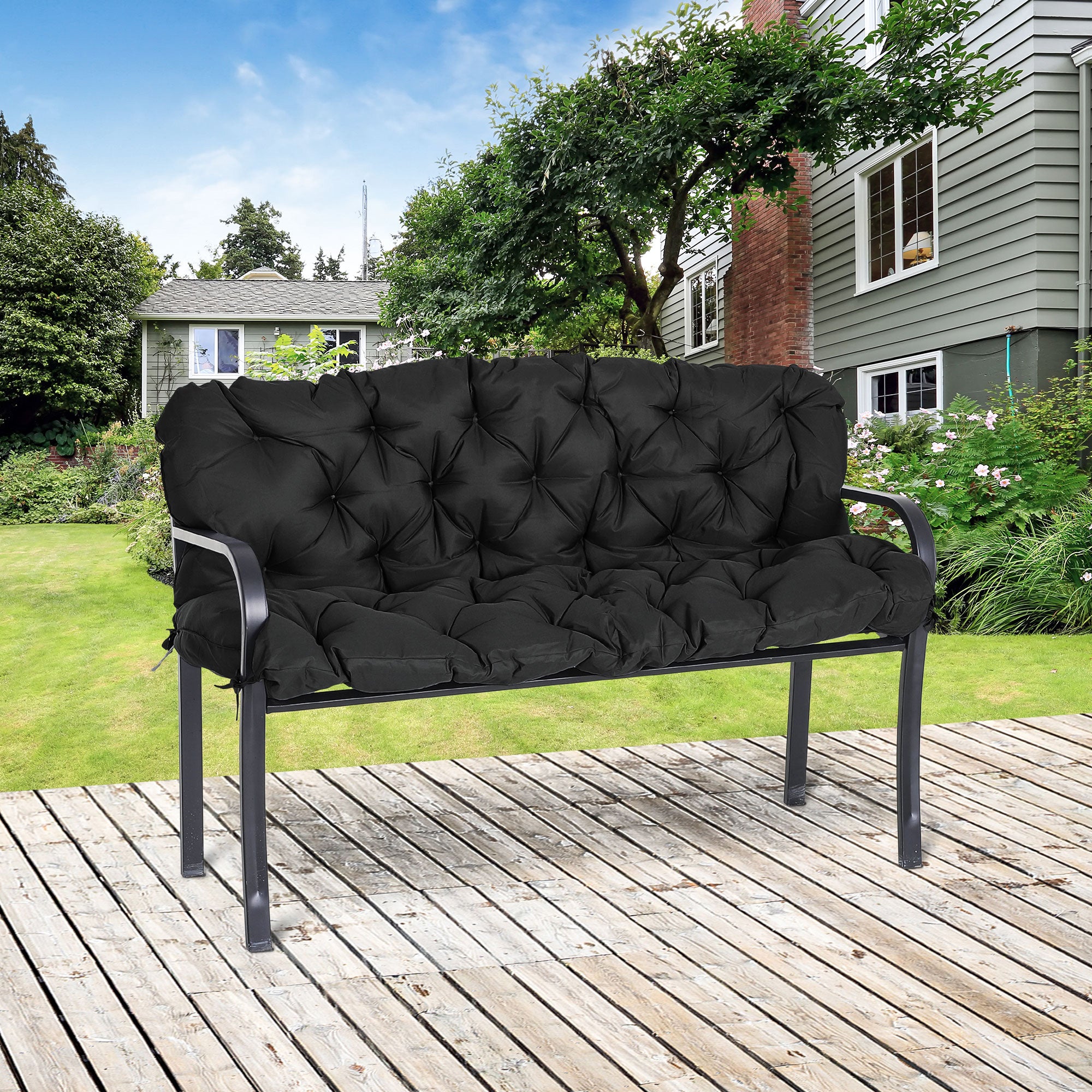 3 Seater Garden Bench Cushion with Back Support and Ties - Black Polyester