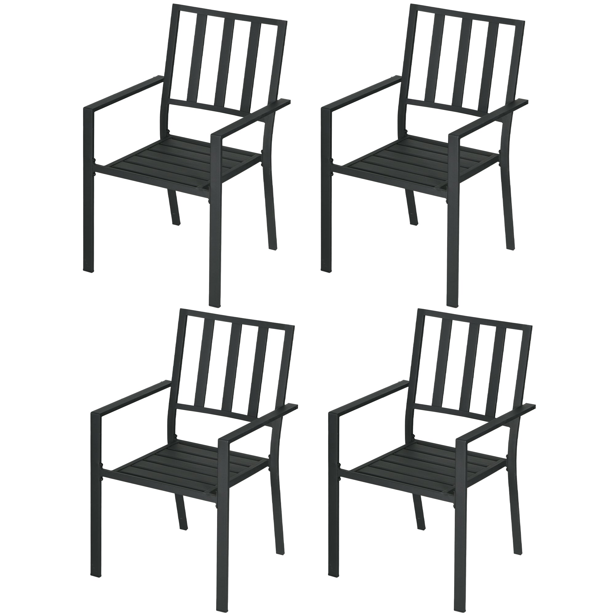 Set of 4 Metal Patio Dining Chairs with Slatted Design - Black