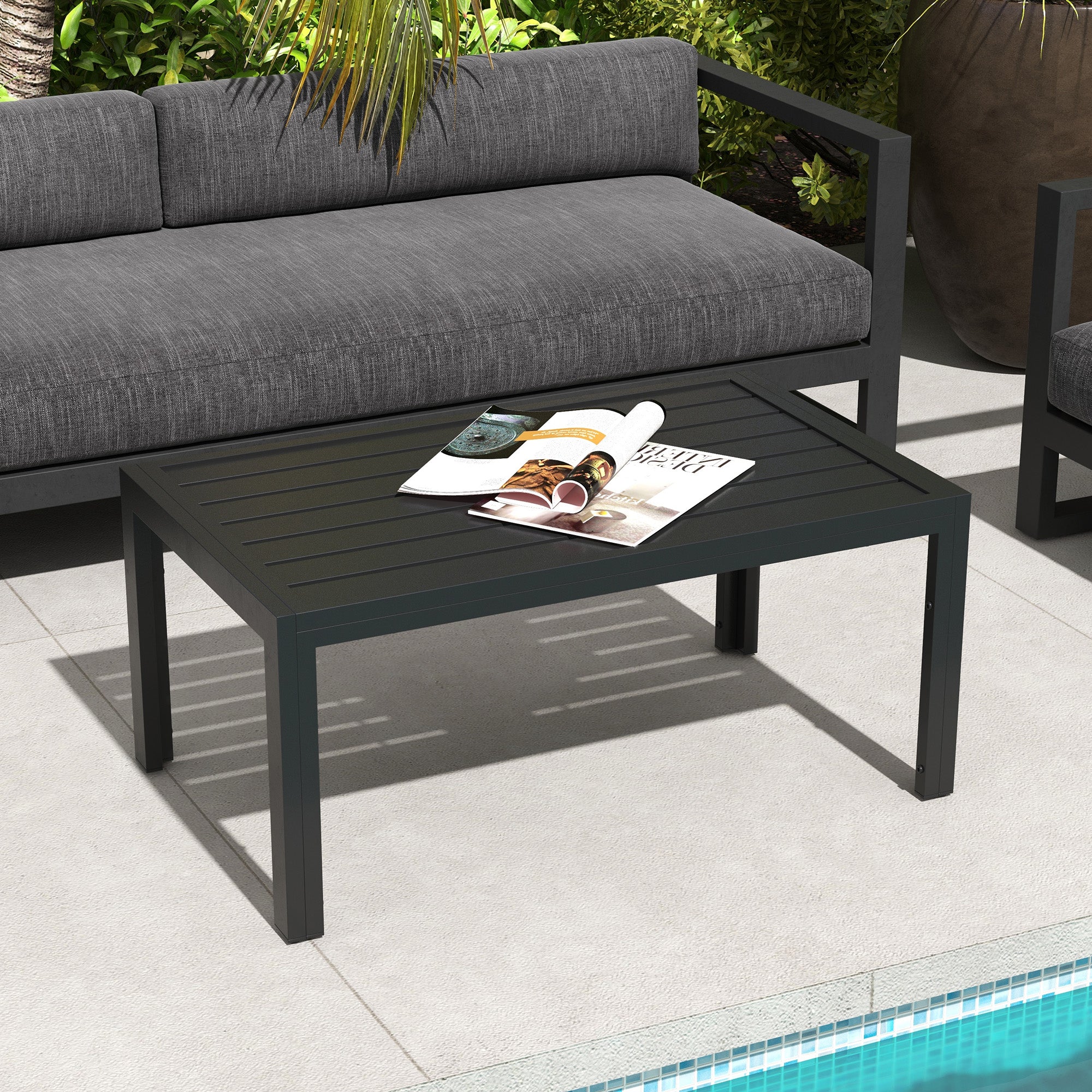 Rectangular Outdoor Patio Side Table with Steel Frame and Slatted Top - Black