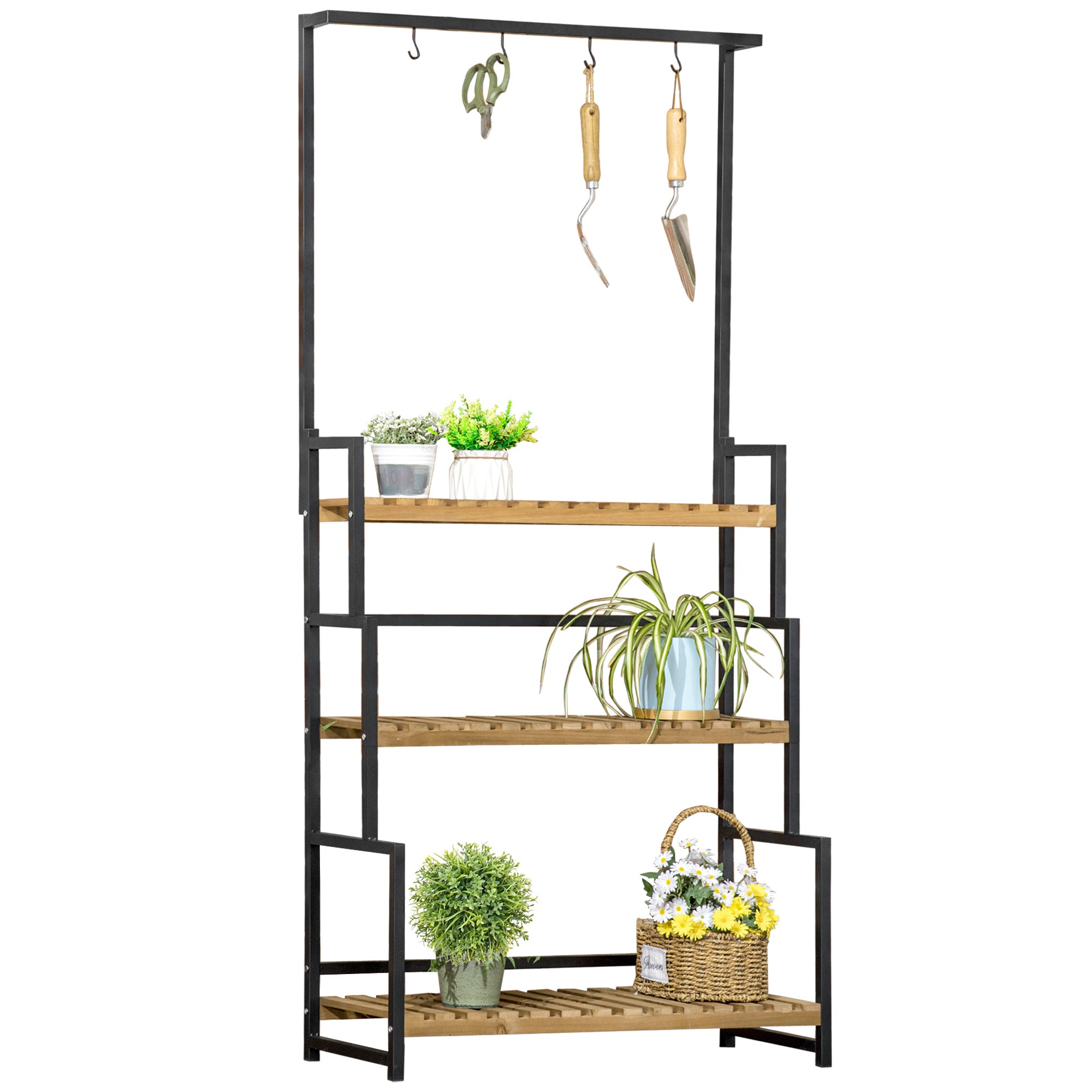 3 Tier Plant Stand with Hanging Hooks and Wooden Shelves - Black Steel Frame