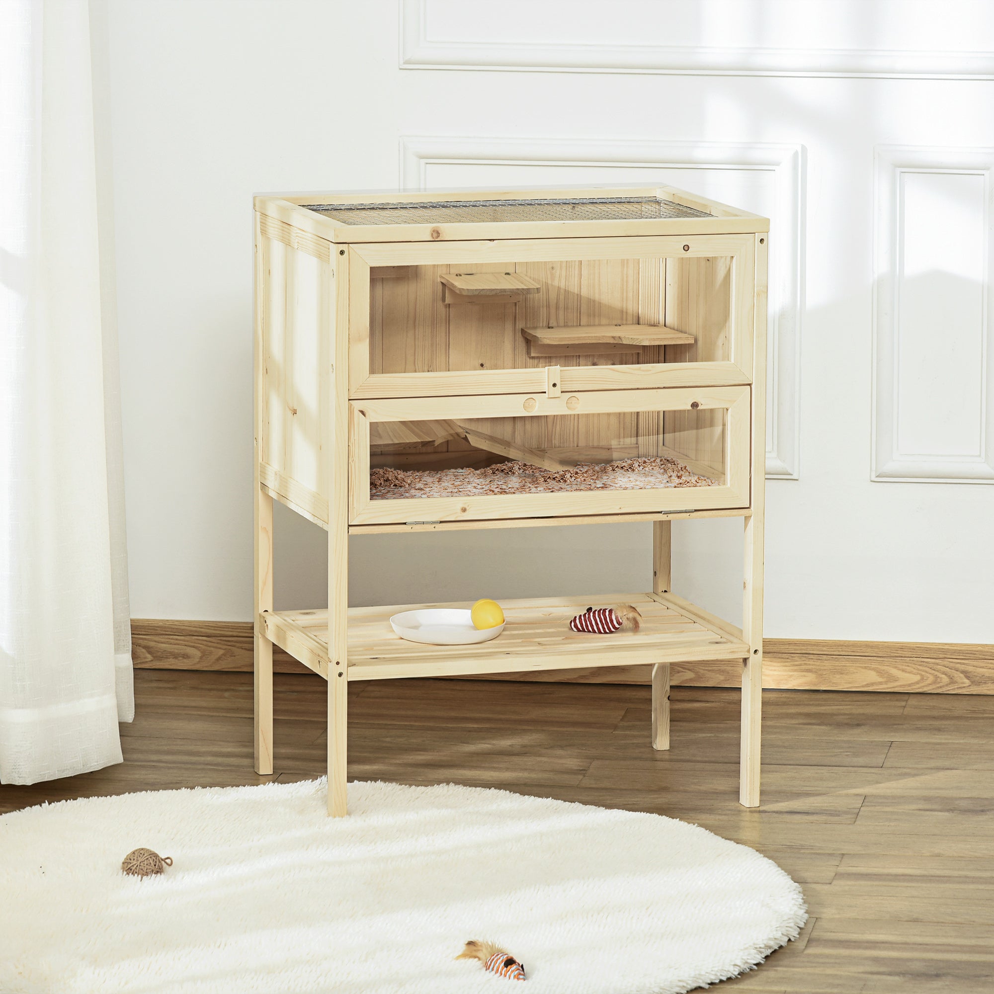 3 Tiers Wooden Hamster Cage for Small Rodents 60L x 40W x 80H cm - Natural Wood