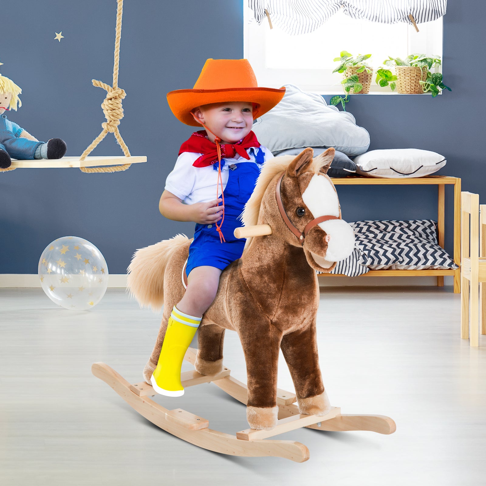 Kids Plush Rocking Horse with Handles and Footrest - Brown