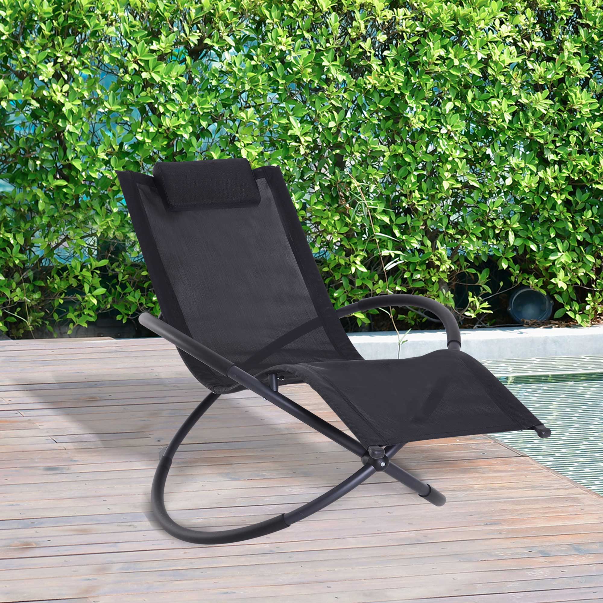 Outdoor Orbital Lounger Zero Gravity Foldable Rocking Patio Chaise with Pillow - Black