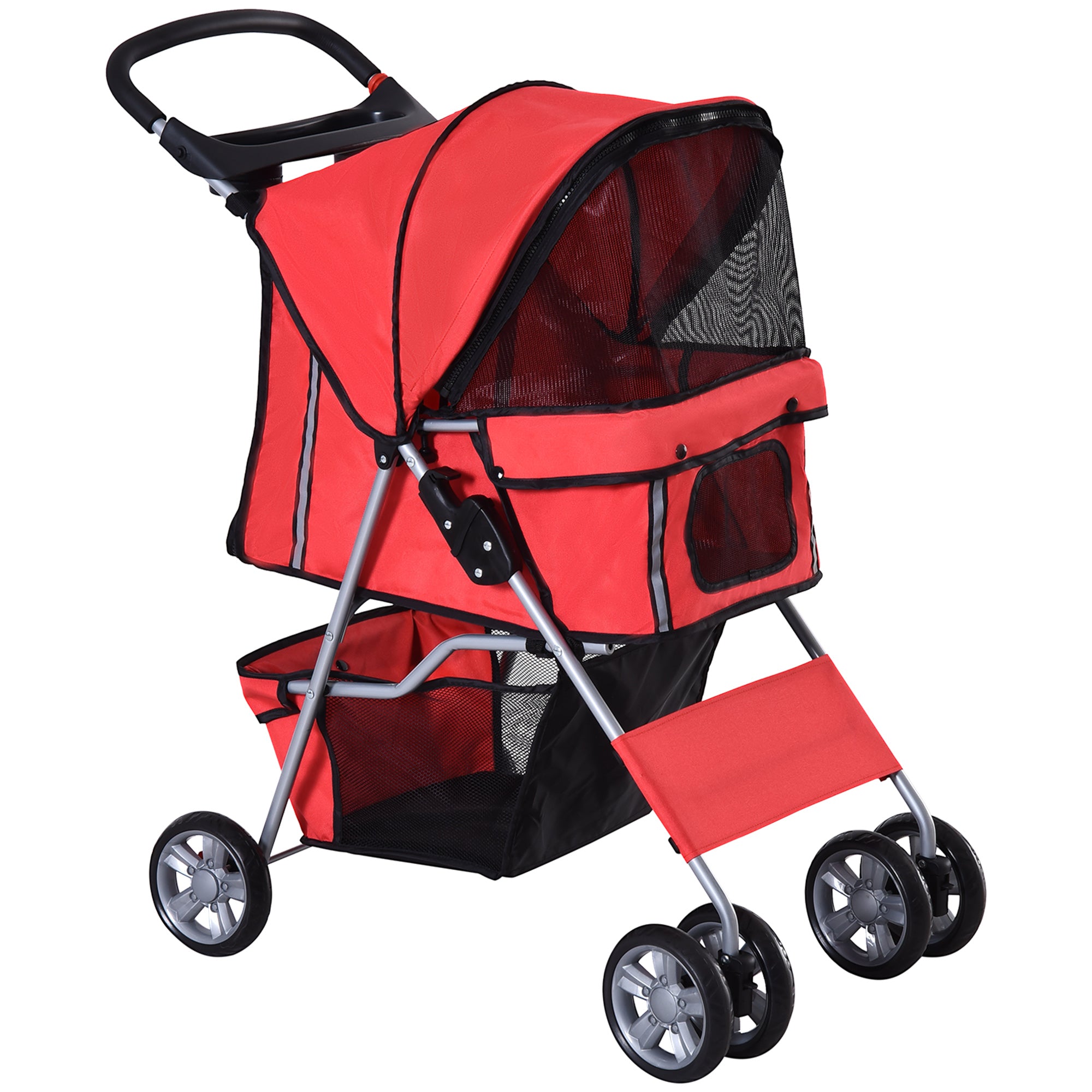Foldable Pet Stroller Dog Pram with Wheels and Zipper Entry for Small Pets - Red