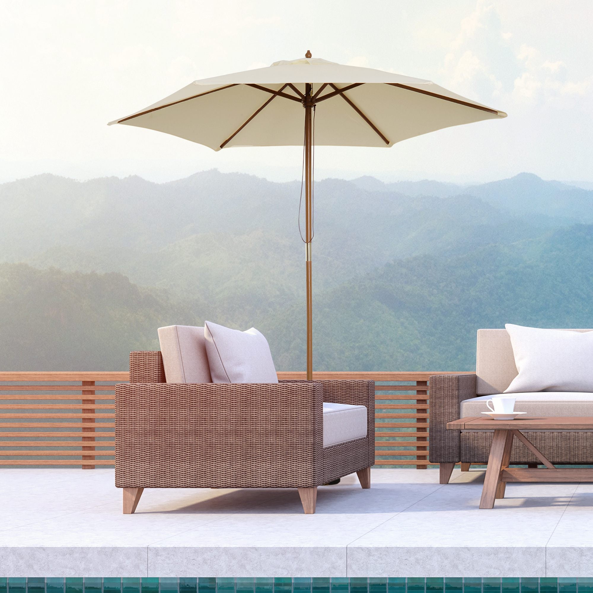 2.5m Wooden Garden Parasol Outdoor Patio Sun Shade Umbrella - Beige