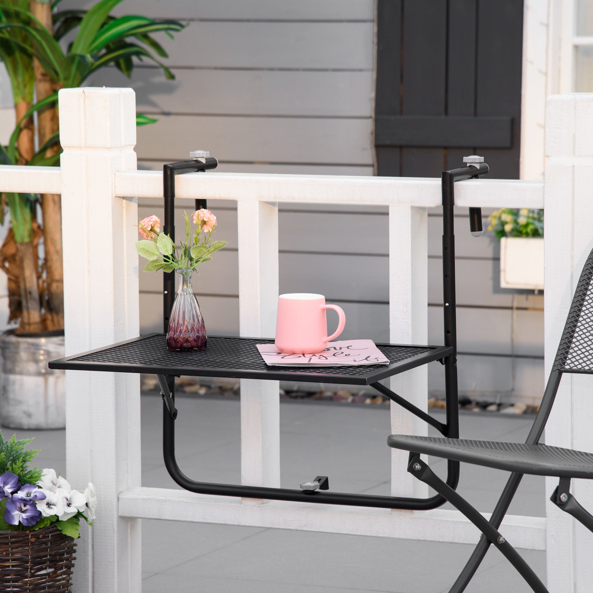 Adjustable Folding Balcony Hanging Table Wall Mount Desk for Patio and Garden - Black