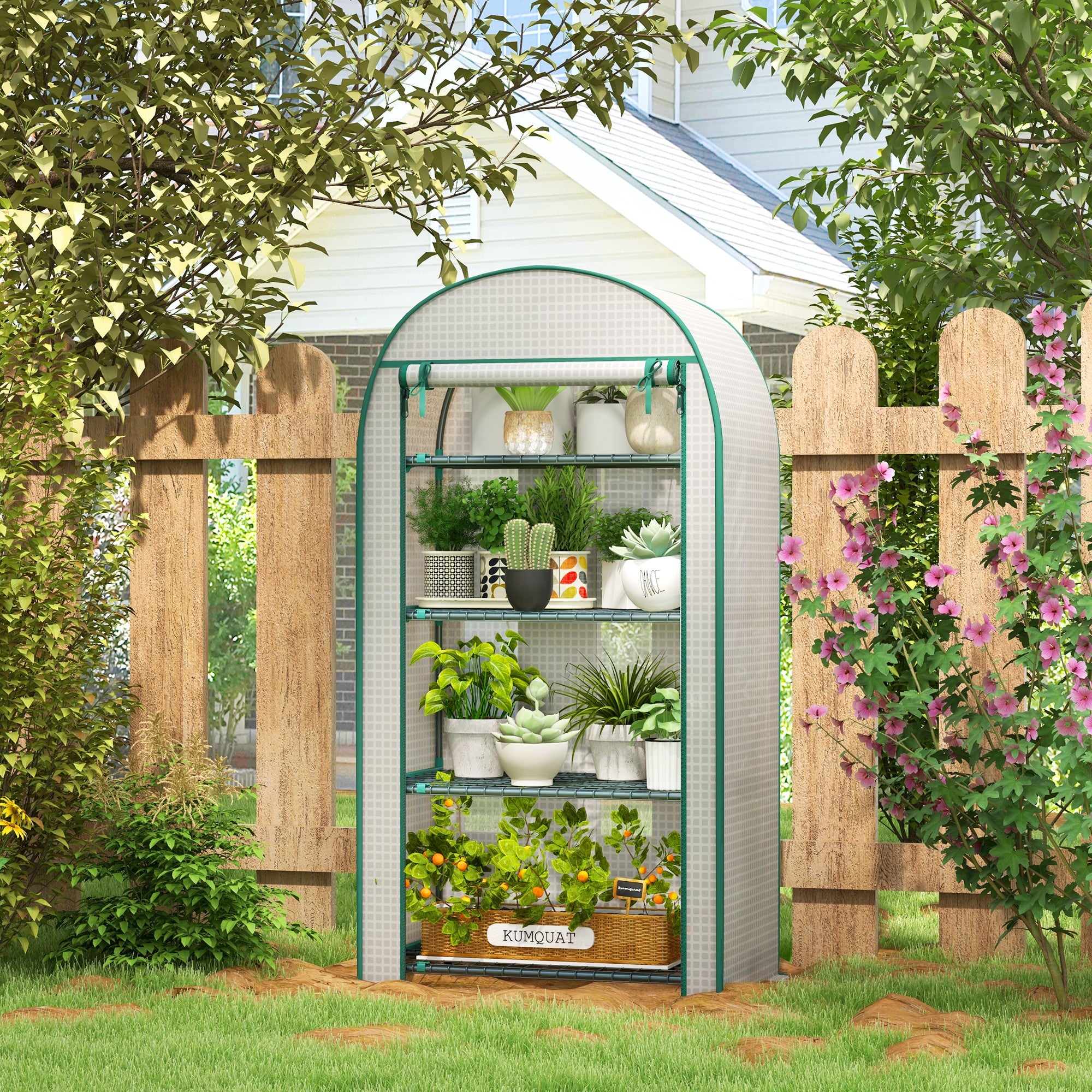 Mini Portable Greenhouse with Metal Frame and Storage Shelves - White
