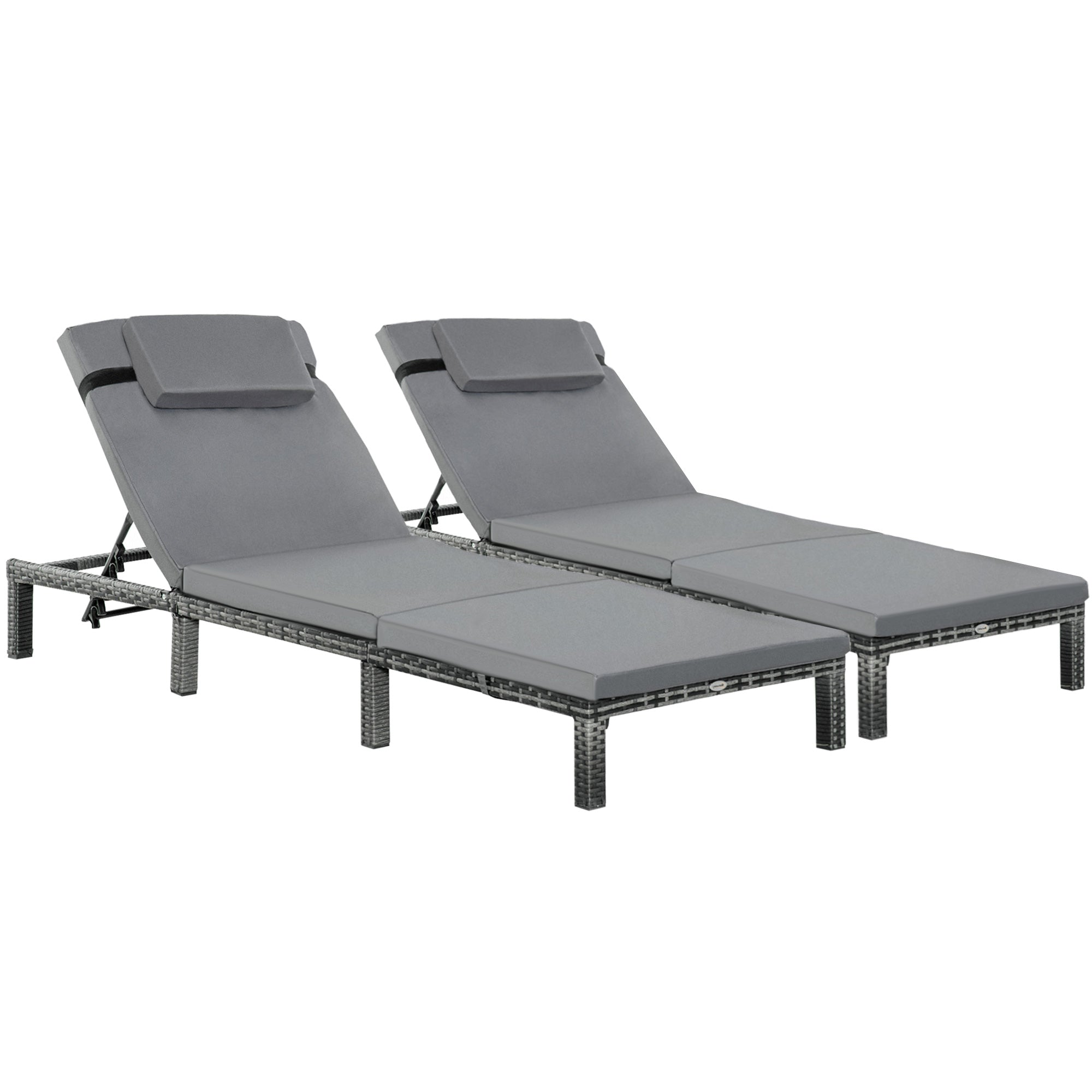 Set of 2 Outdoor PE Rattan Sun Loungers with Cushions Grey