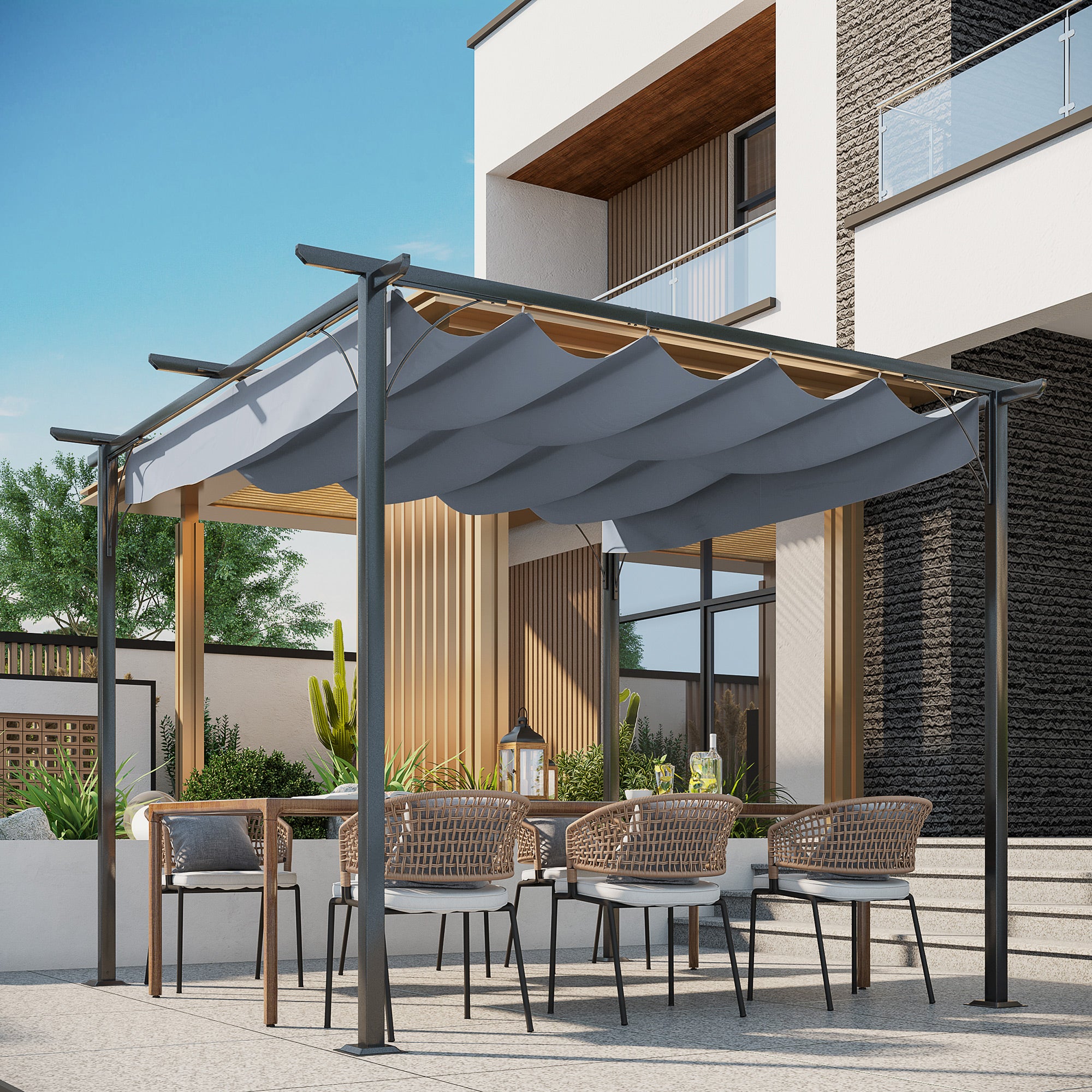 Retractable Metal Pergola with UV Resistant Canopy 300x300cm - Grey