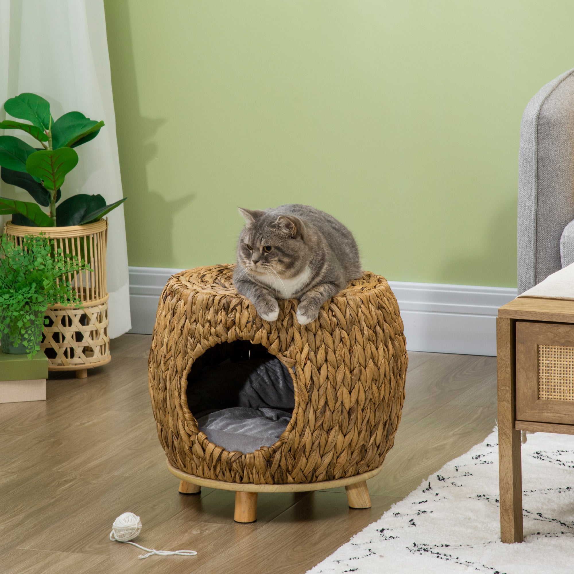 Wicker Cat Cave/House Stool with Soft Washable Cushion,Rattan Kitten Bed for Outdoor & Indoor Use, 44 x 43 x 41cm