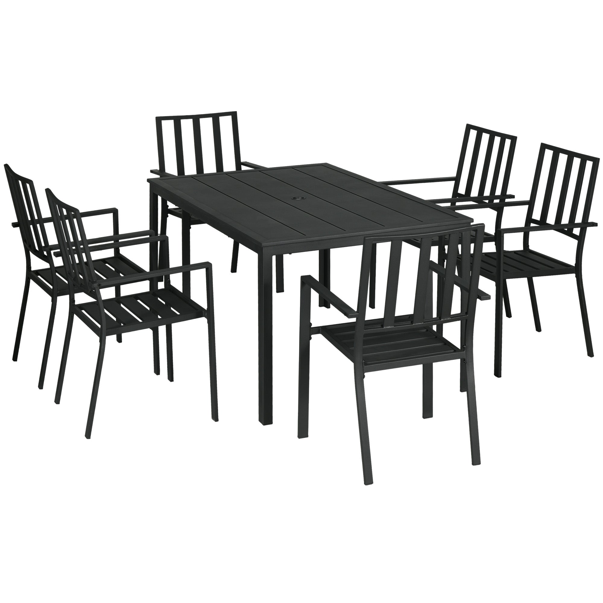 7 Piece Garden Dining Set with Metal Table and Stackable Chairs - Black
