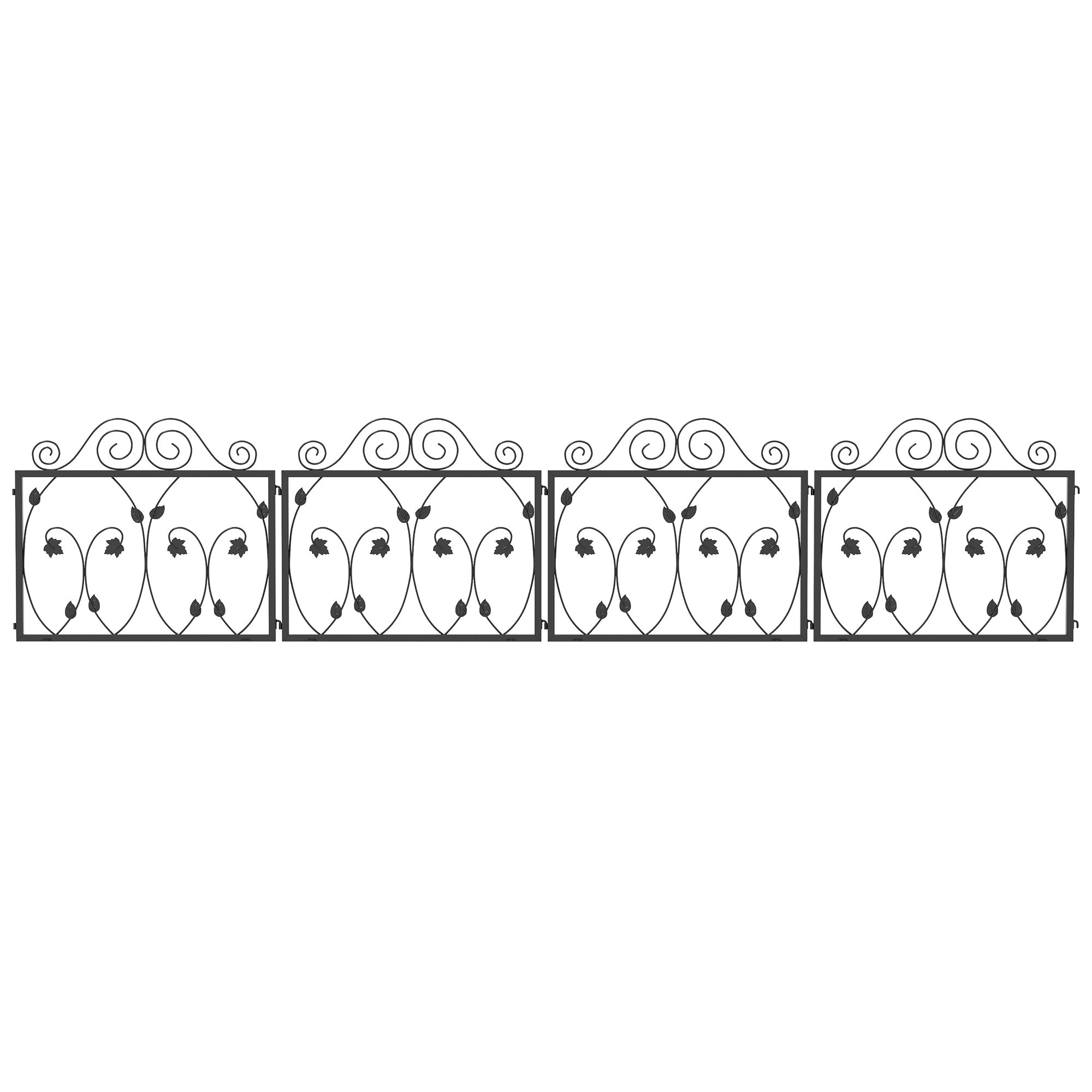 4 Pack Metal Garden Fence with Scroll Flower Edging and Animal Barrier - Black