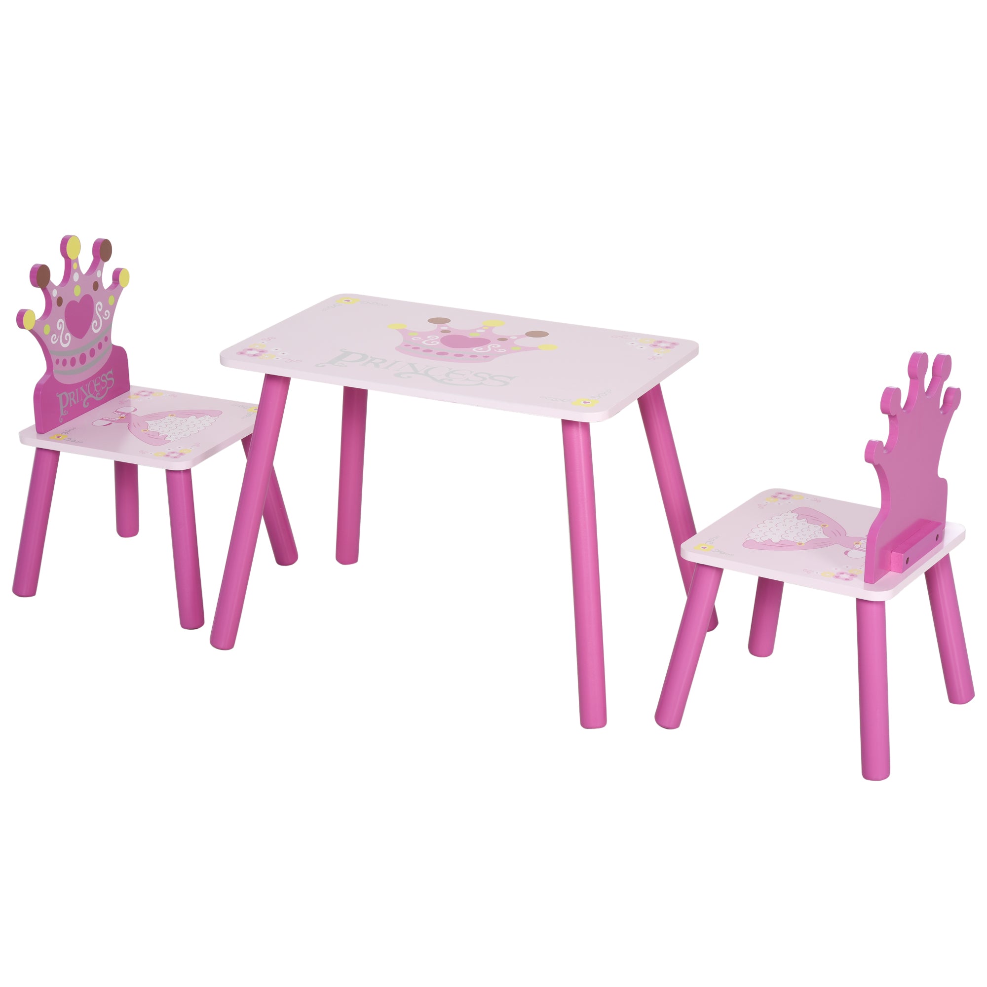3 Piece Kids Wooden Table and Chair Set with Crown Pattern Pink