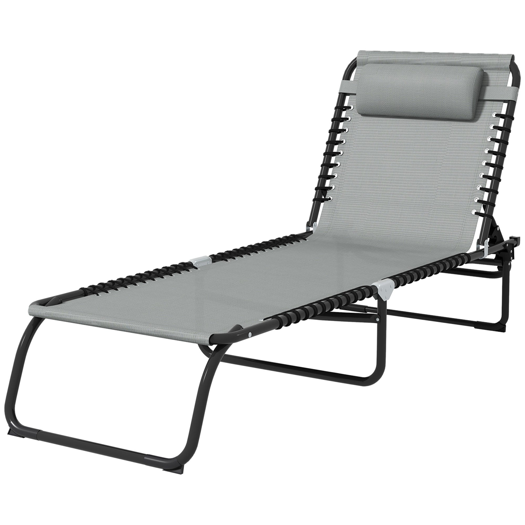 Folding Sun Lounger Beach Chaise Chair Garden Cot Camping Recliner with 4 Position Adjustable Light Grey