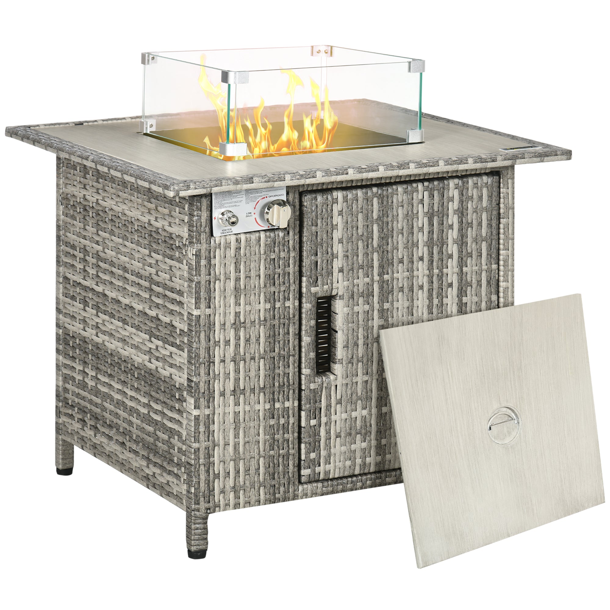 Outdoor PE Rattan Gas Fire Pit Table with Rain Cover Grey