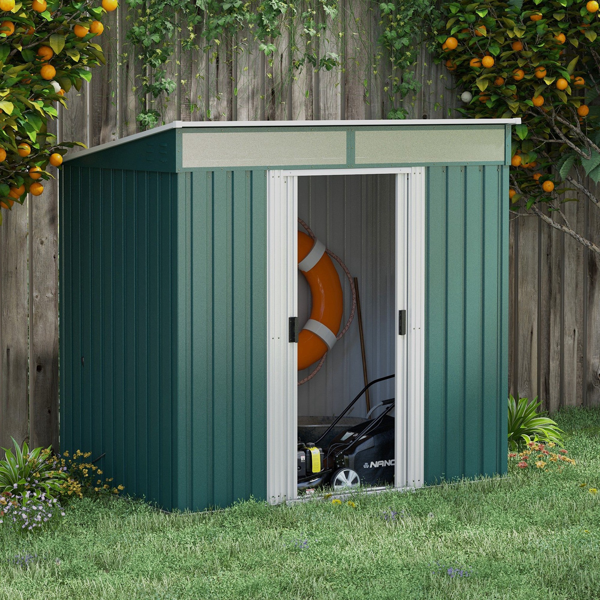 6.5 x 4FT Galvanised Metal Garden Shed with Lockable Double Sliding Doors - Green