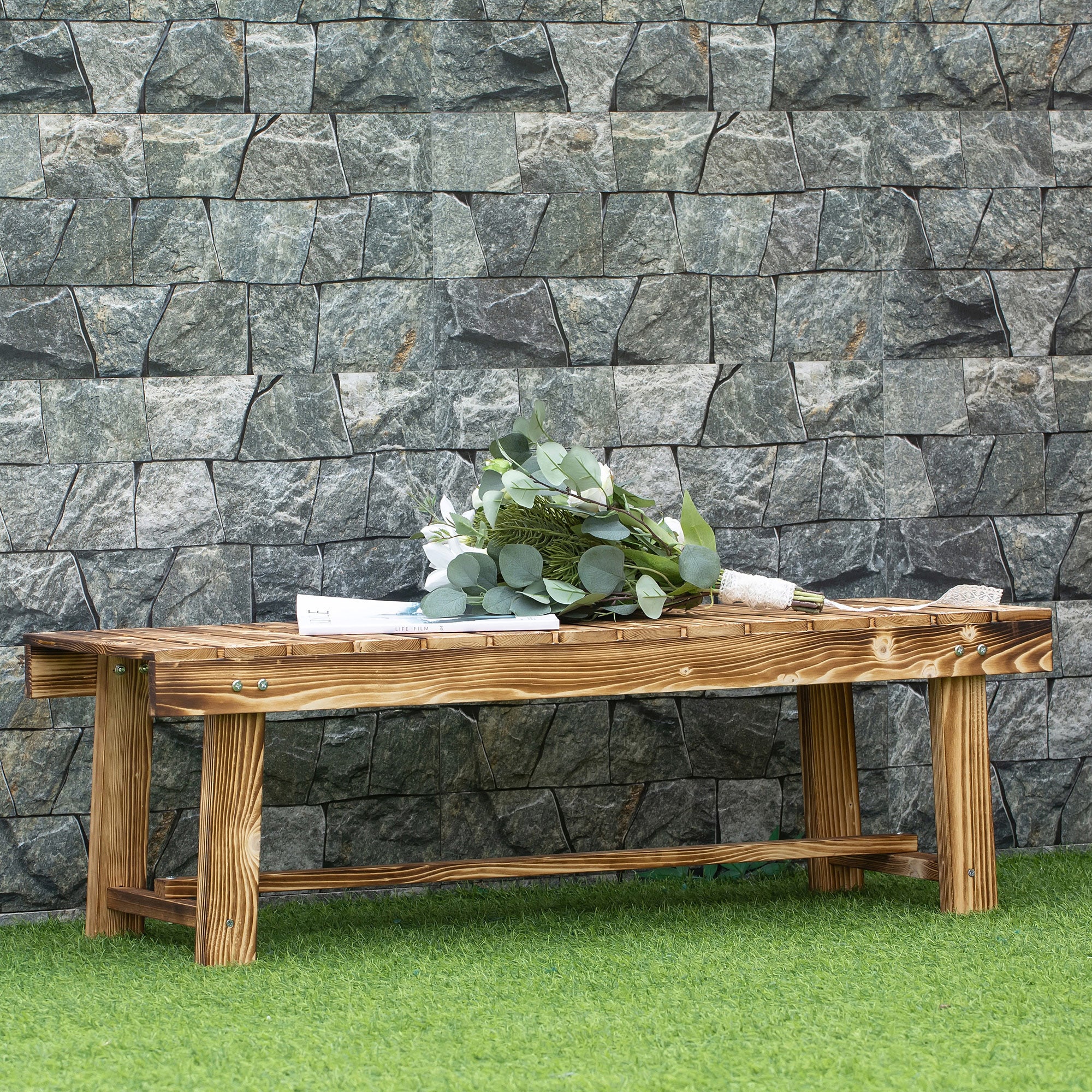 2-Seater Wooden Garden Bench with Footrest Bar 110L x 38W x 35H cm - Carbonised